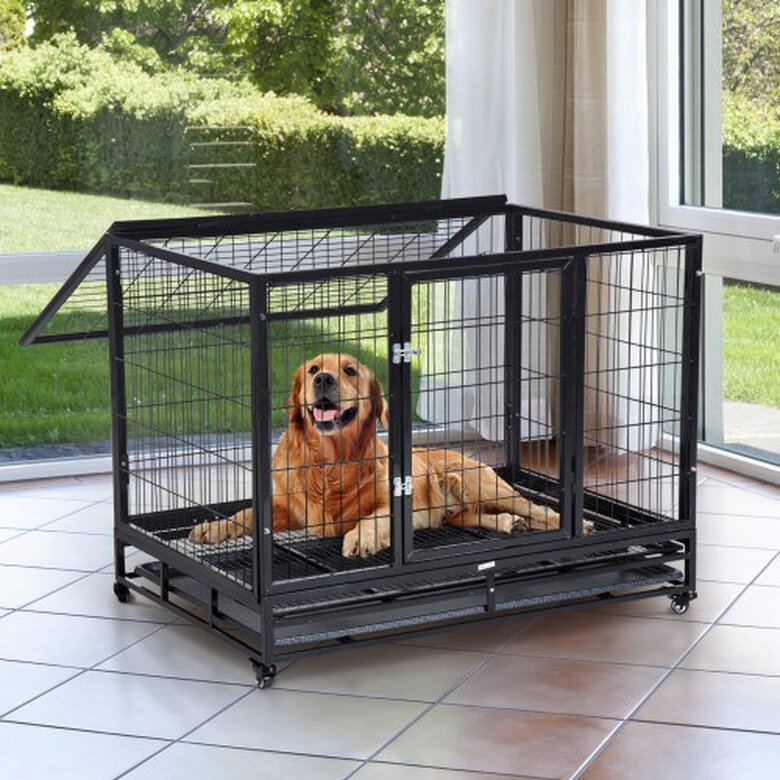 Absay respuesta miércoles Pawhut jaula de metal con ruedas negro para perros