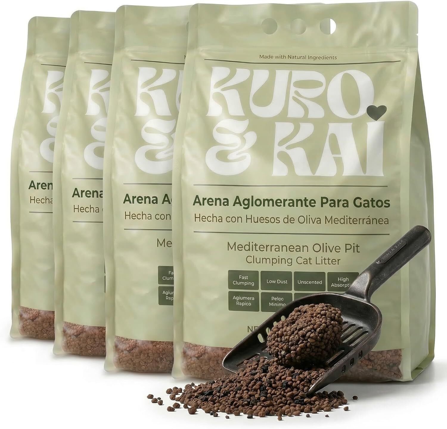 KURO & KAI Arena Aglomerante Natural para Gatos &ndash; Hueso de Oliva con Carb&oacute;n Activo, Sin Perfume, Poco Polvo, Pack 4 Unidades, 19,2 kg / 28 L, , large Imagen numero 1