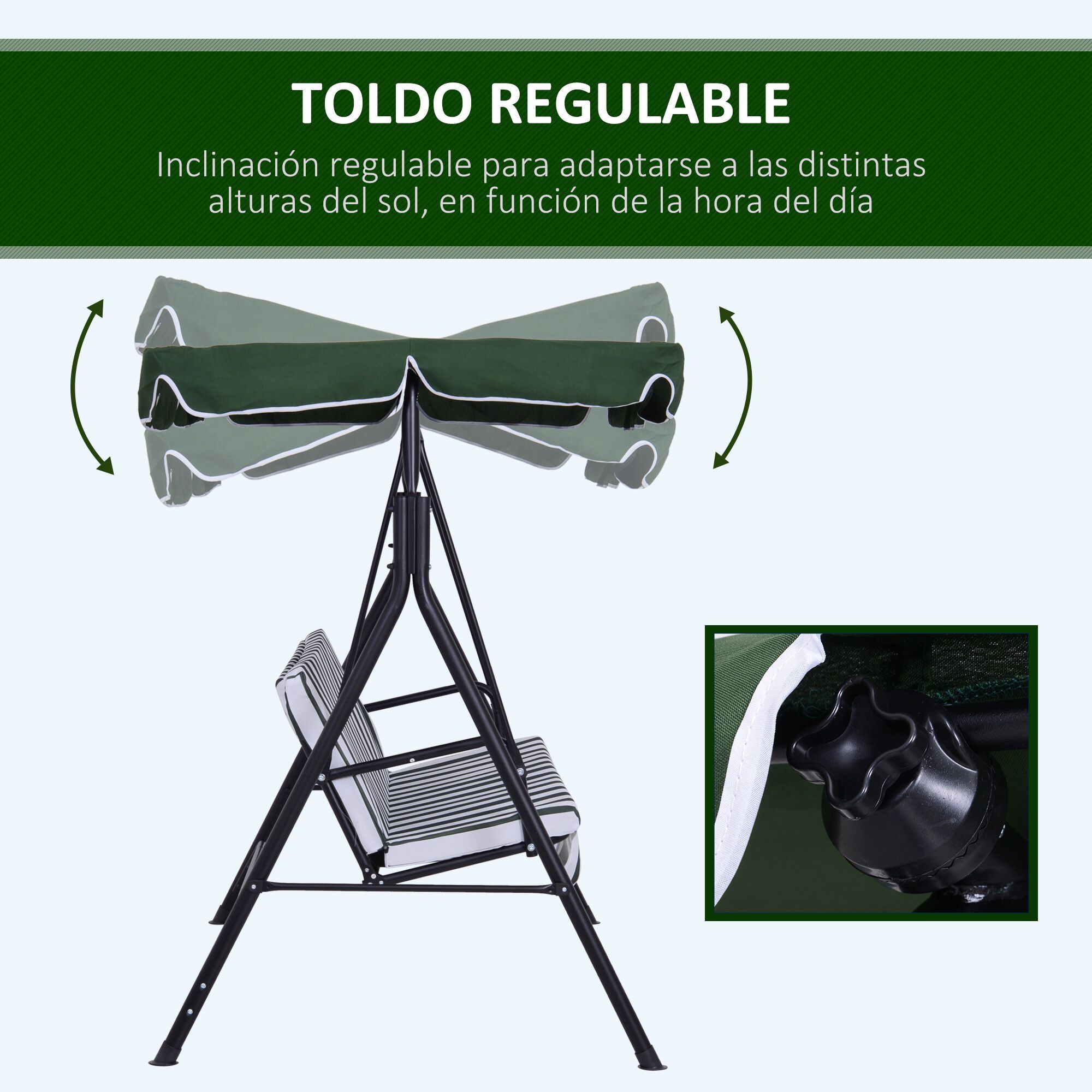 Outsunny Columpio de Jard&iacute;n de 3 Plazas Silla Balanc&iacute;n con Parasol Techo Ajustable en &Aacute;ngulo Impermeable para Exterior Terraza Balc&oacute;n Carga M&aacute;x. 200 kg Acero 172x110x153 cm Verde, , large Imagen numero 4