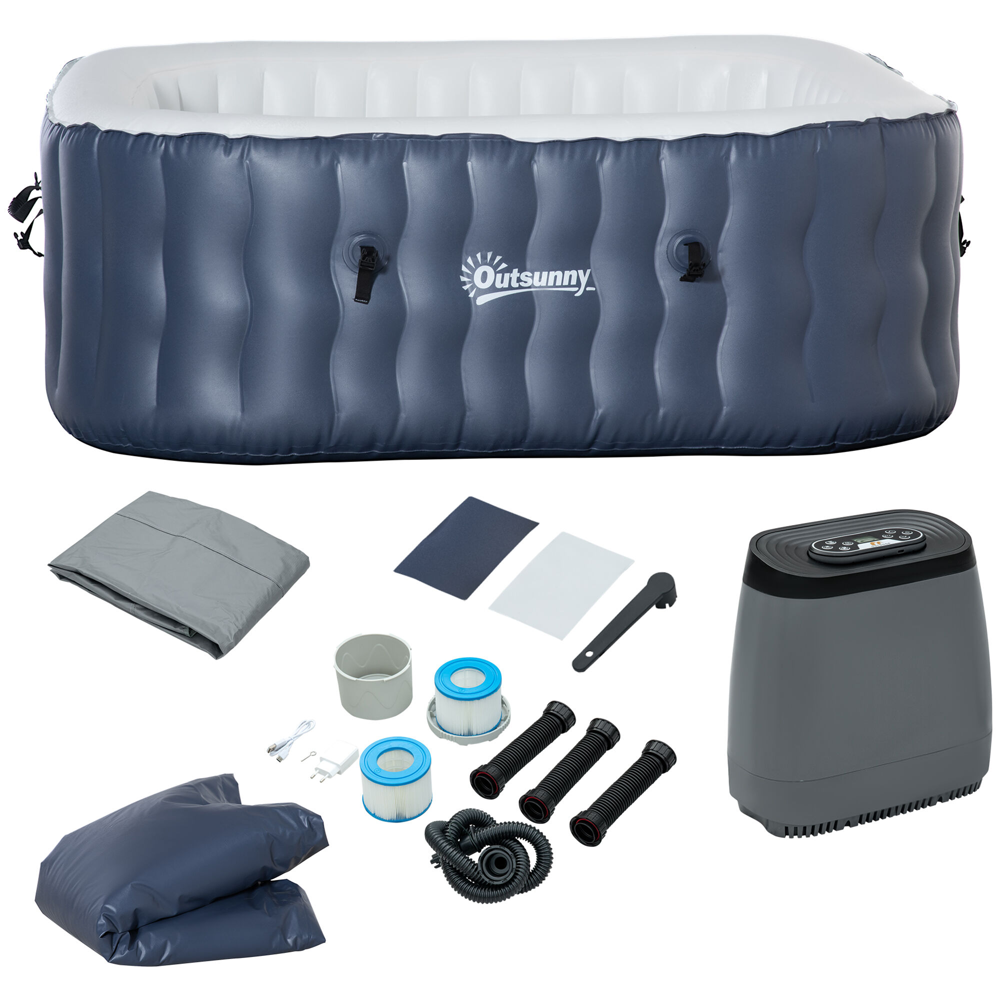 Outsunny Spa Hinchable Cuadrado para 4 Personas 930L Ba&ntilde;era de Hidromasaje Hinchable para Exteriores 180x180x68 cm con 108 Chorros de Masaje Control Remoto y Funda Protectora Azul, , large Imagen numero 1