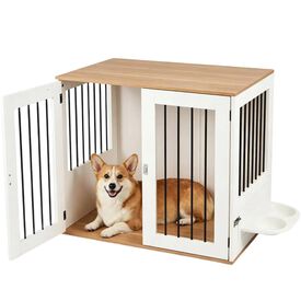 COSTWAY Jaula para Perros, Mueble de Jaula para Perros con Comedero Giratorio 360&deg;, Puertas de Doble Cerradura, Cuencos, Mesa Auxiliar Caseta para Mascotas Peque&ntilde;as y Medianas, 80 x 55,5 x 71,5 cm