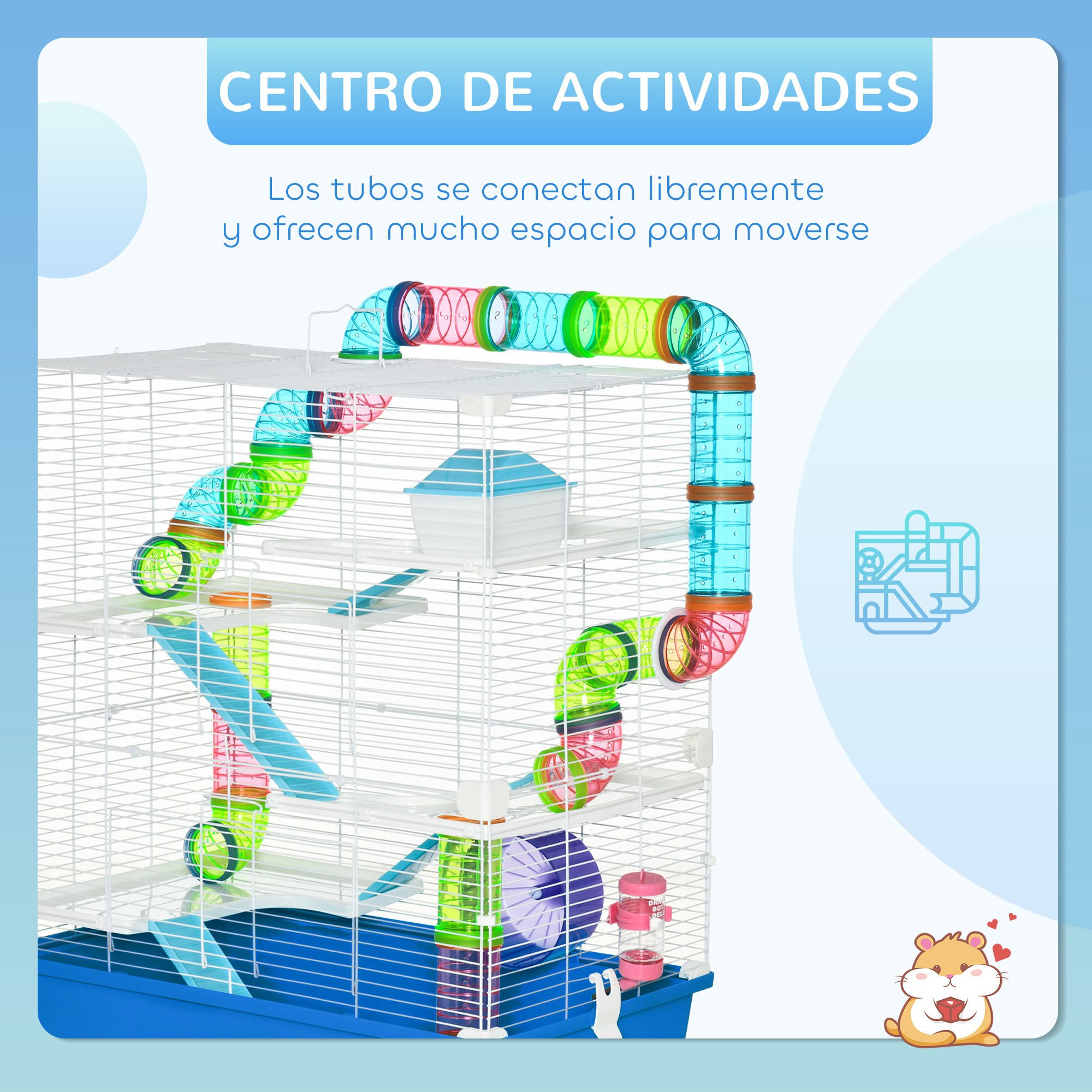 PawHut Jaula para Hámster 59x36x69 cm Casa para Animales Pequeños con Túnel Plataformas Cuenco Bebedero Casita Rampas y Rueda de Ejercicio Azul thumbnail
