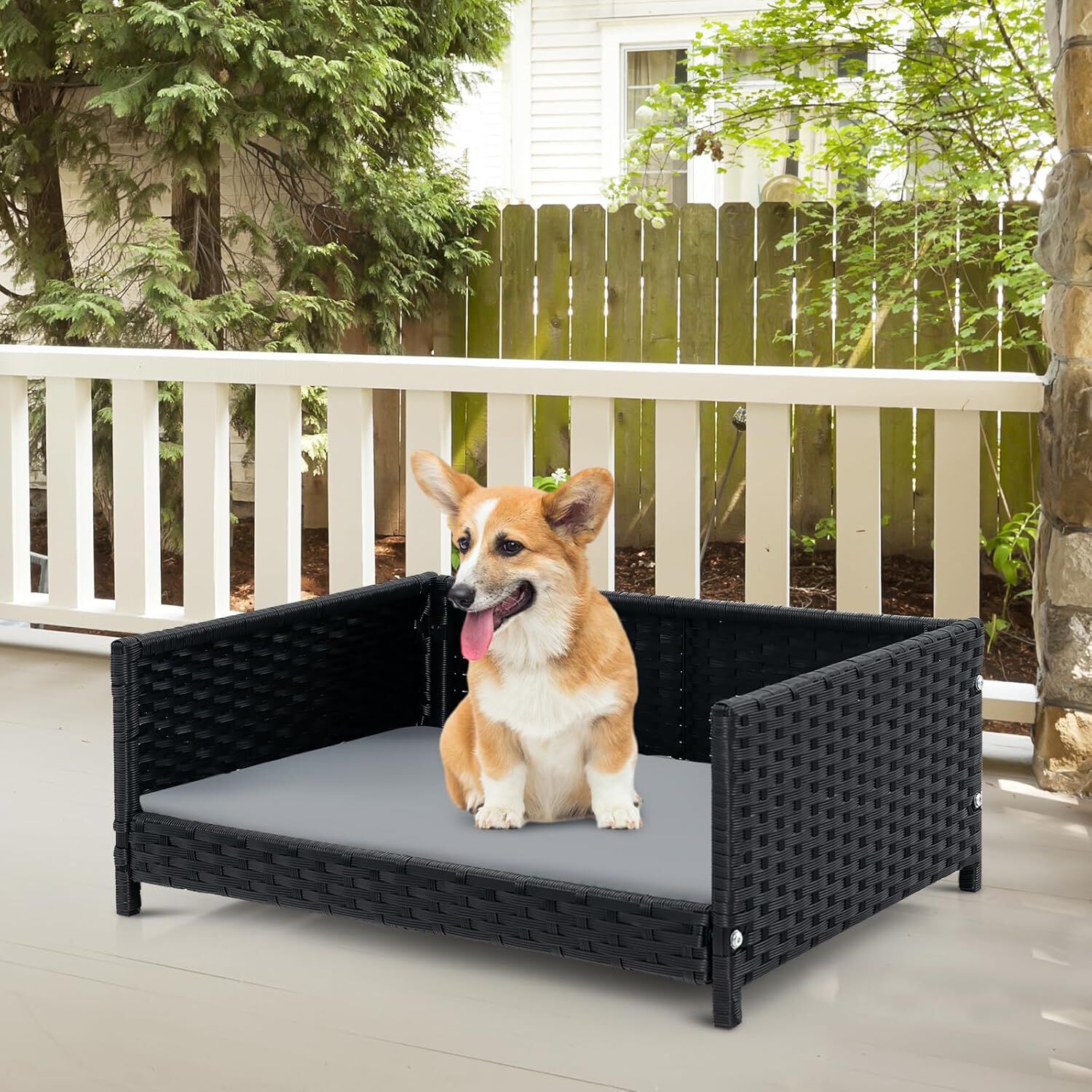 COSTWAY Cama Perro de Rat&aacute;n, Cama para Perros de 62x46x25cm, Sof&aacute; Cama para Mascotas de Mimbre Tejido a Mano con Coj&iacute;n Suave Impermeable, Estructura de Metal Adecuado para Perros Peque&ntilde;os/Medianos, , large Imagen numero 2