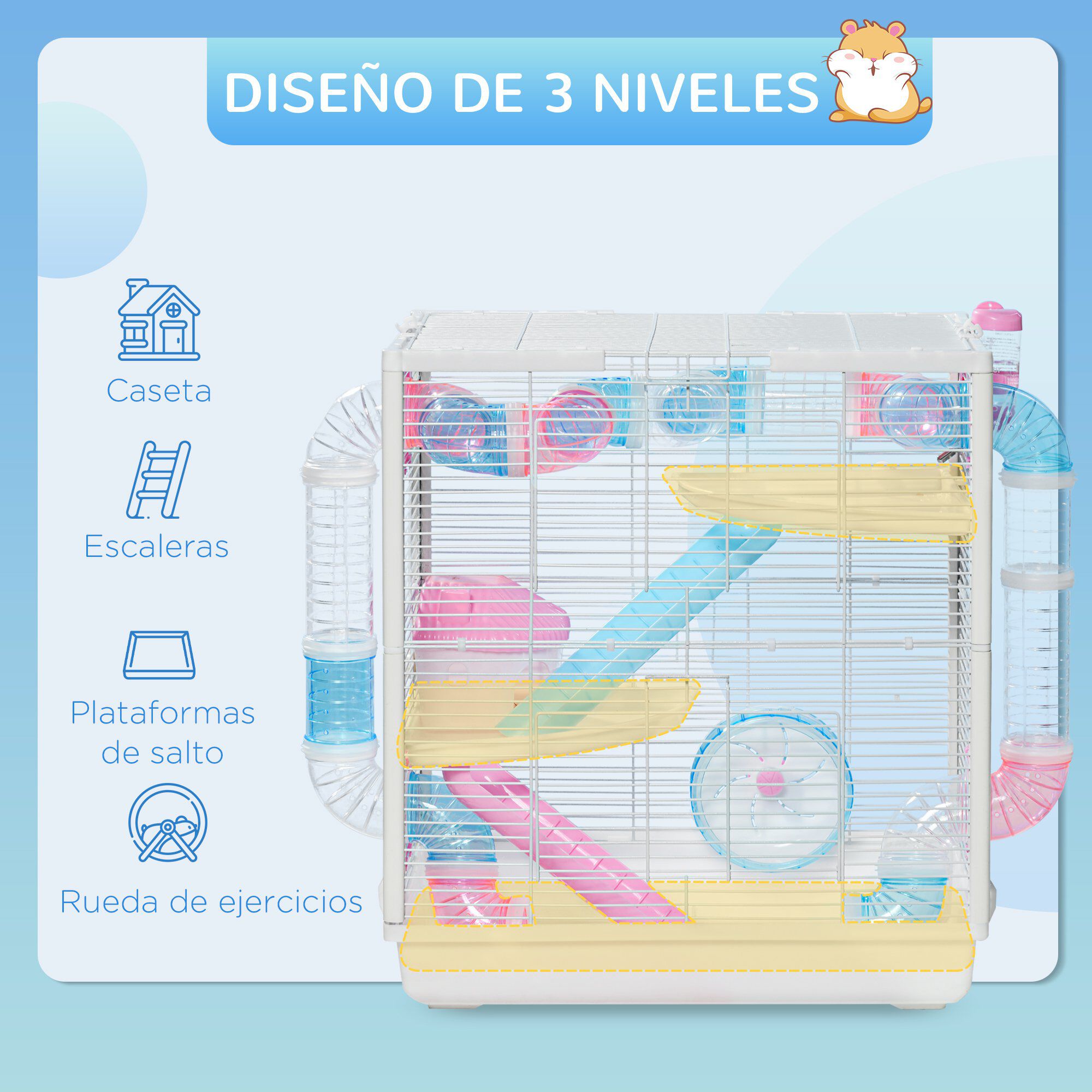 PawHut Jaula para H&aacute;mster con Tubos de T&uacute;nel 47x29,5x53 cm Casa para H&aacute;mster con 2 Puertas Bandeja Cuenco Caba&ntilde;a 2 Rampas y Rueda de Ejercicio Blanco, , large Imagen numero 5