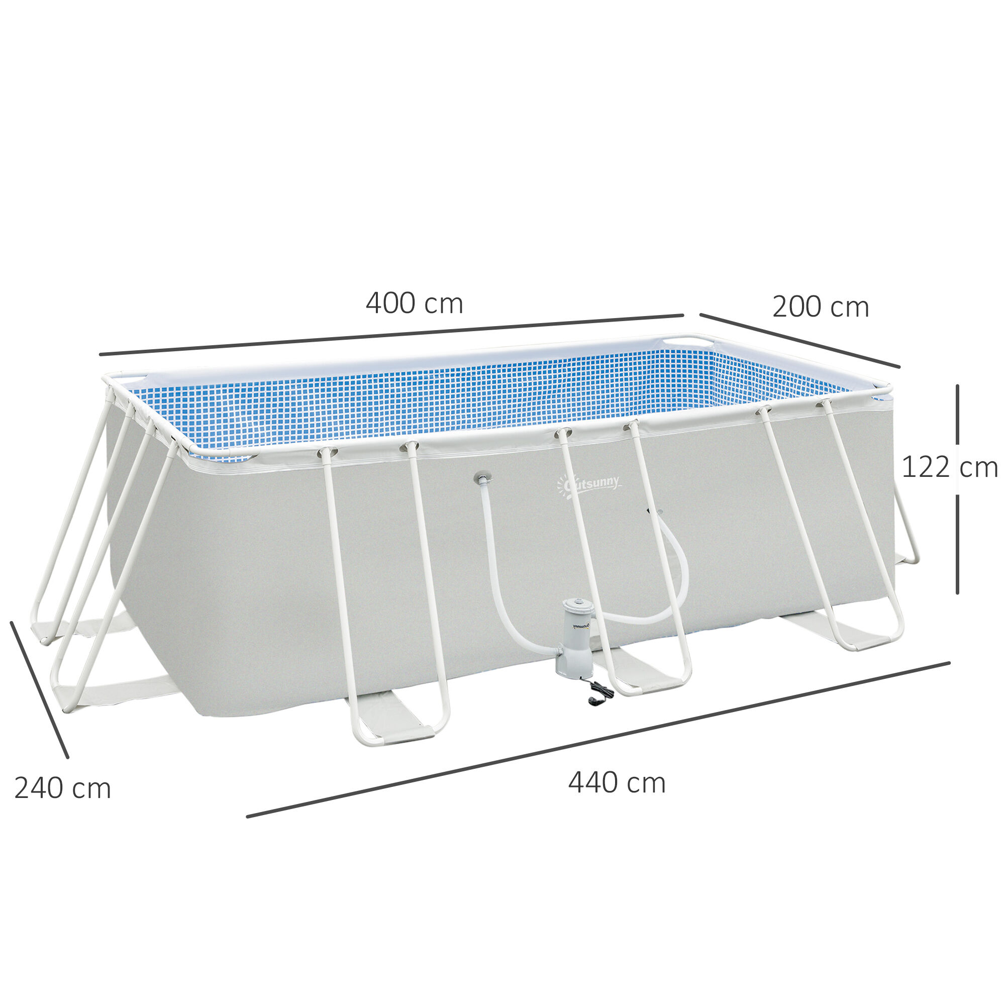 Outsunny Piscina Desmontable 440x240x122 cm Piscina Rectangular de Exterior con Depuradora de Cartucho 4,000 L/H y Marco de Acero 9760 L Gris, , large Imagen numero 3