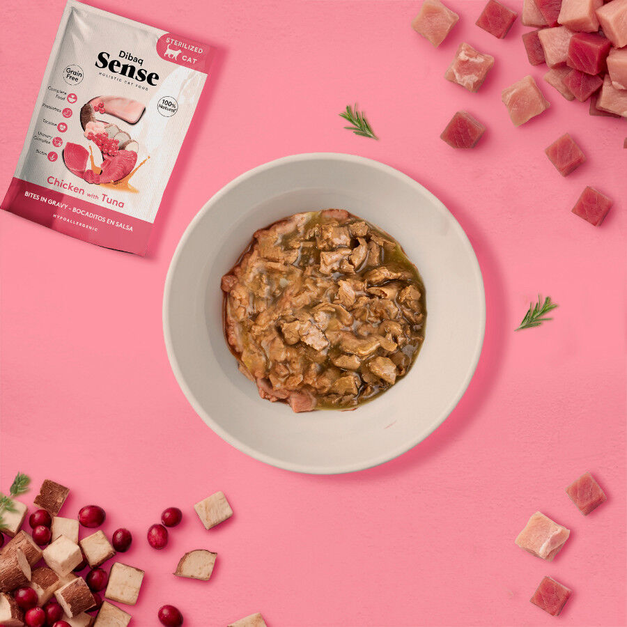 12 Sobres x 100 g Dibaq Sense Sobres en Salsa Bites Pollo con At&uacute;n para gatos, , large Imagen numero 4