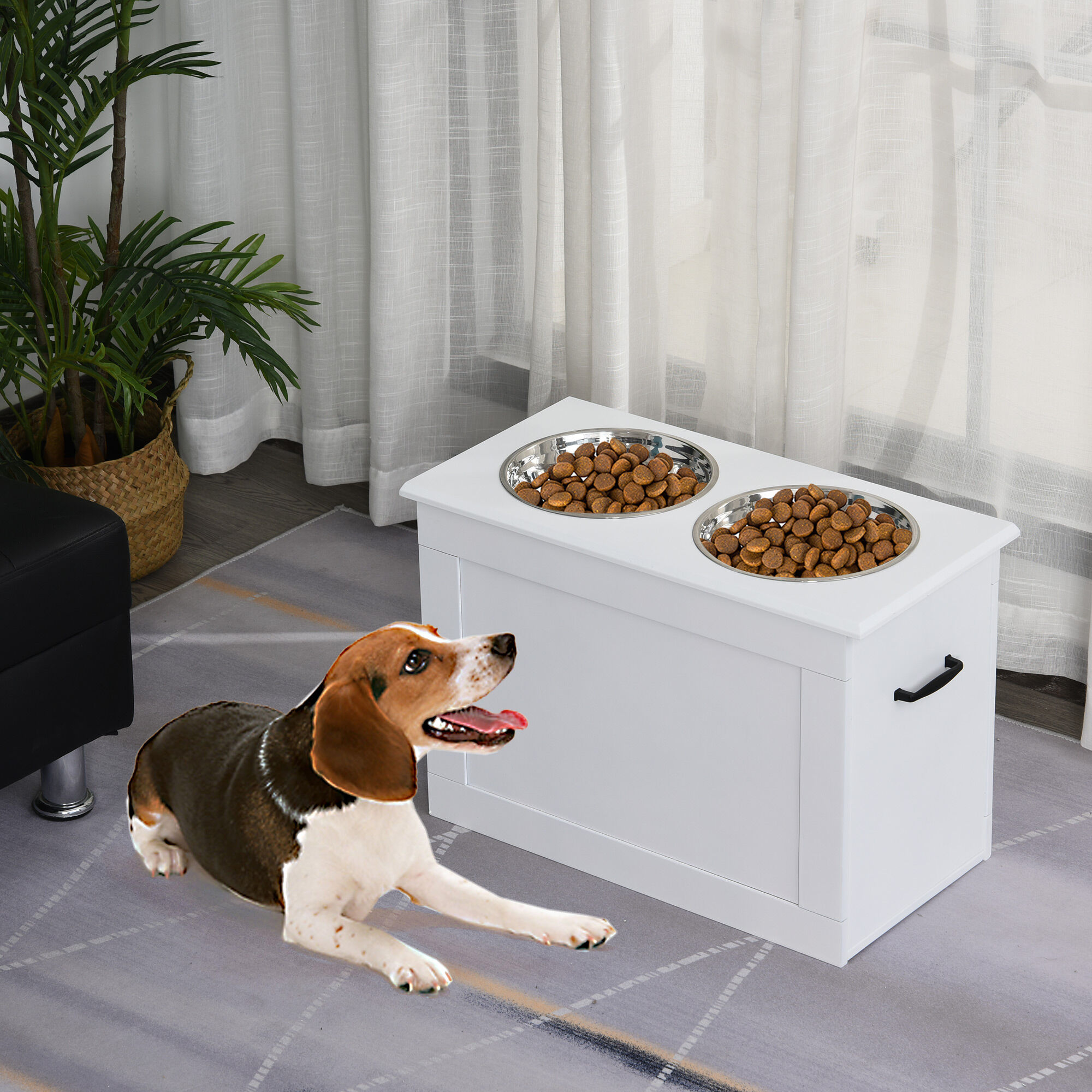 PawHut Comedero Elevado para Perros Cuencos para Perros con 2 Tazones de Acero Inoxidable y Espacio de Almacenaje Oculto 60x30x41 cm Blanco, , large Imagen numero 2