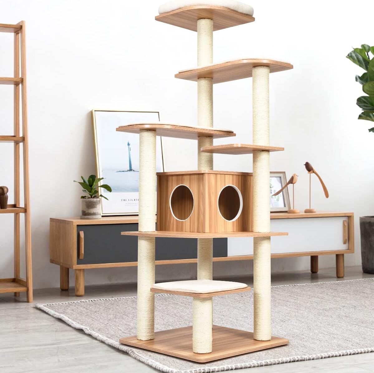 COSTWAY &Aacute;rbol 175 cm para Gatos, Casa para Gatos con Plataformas Multinivel con Rascador y Columnas de Cuerdas de Sisal, Recubierta en Tejido Afelpado Blando, , large Imagen numero 2