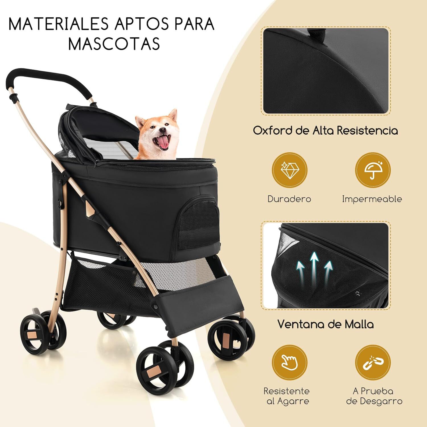 COSTWAY 3 en 1 Cochecito para Mascotas Plegable, Cochecito de Mascotas con Toldo Ajustable de 4 Niveles y Cesta de Almacenamiento, Carrito para Gatos con Porta Asiento de Coche Extra&iacute;ble (negro), , large Imagen numero 3