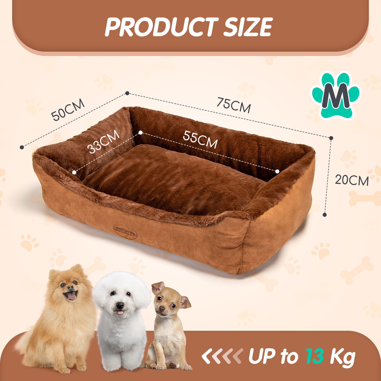 Nobleza Cama Perro Peque&ntilde;o, Ortopedica Cama de Perro, Cama para Perro Lavable, Cojin Perro, Sof&aacute; Cama para Perro Mullida y Comoda, Cesta Perro, Marr&oacute;n Oscuro, M, 75x50x20cm, , large Imagen numero 2
