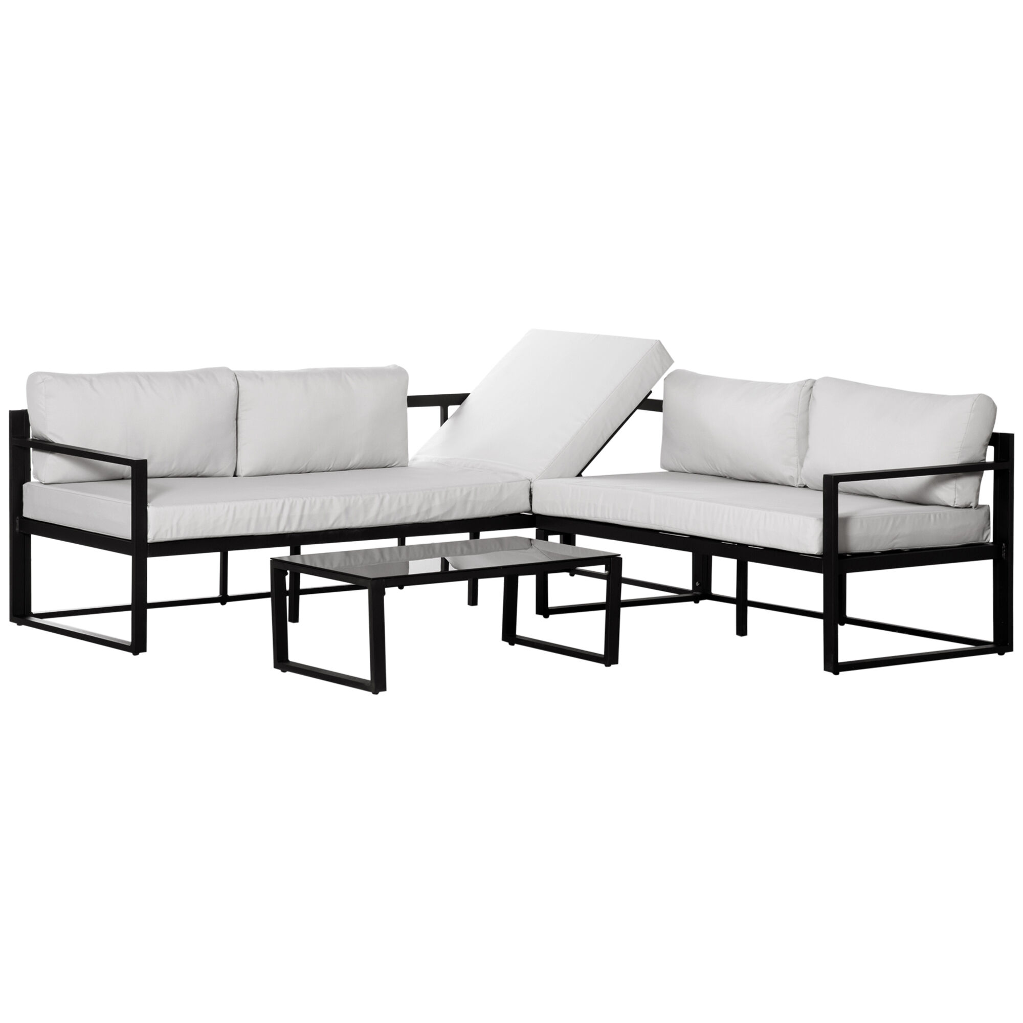 Outsunny Conjunto de Muebles de Jard&iacute;n 3 Piezas de Aluminio Juego de Muebles con Mesa de Vidrio Sof&aacute; de 5 Plazas con Respaldo Ajustable y Cojines Extra&iacute;bles 212x70x64 cm Negro y Gris, , large Imagen numero 1