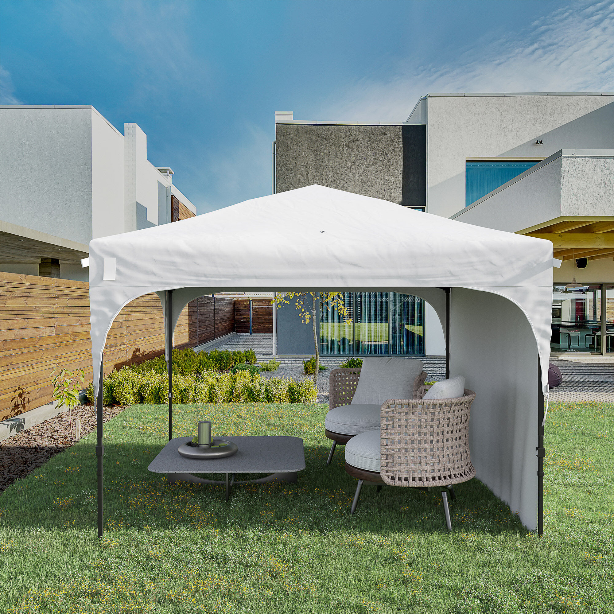 Outsunny Carpa Plegable 3x3 m Cenador de Jard&iacute;n con Altura Ajustable 1 Pared Lateral Impermeable 4 Bolsas de Arena y Bolsa de Transporte Gazebo para Exterior Patio Fiestas Blanco, , large Imagen numero 2