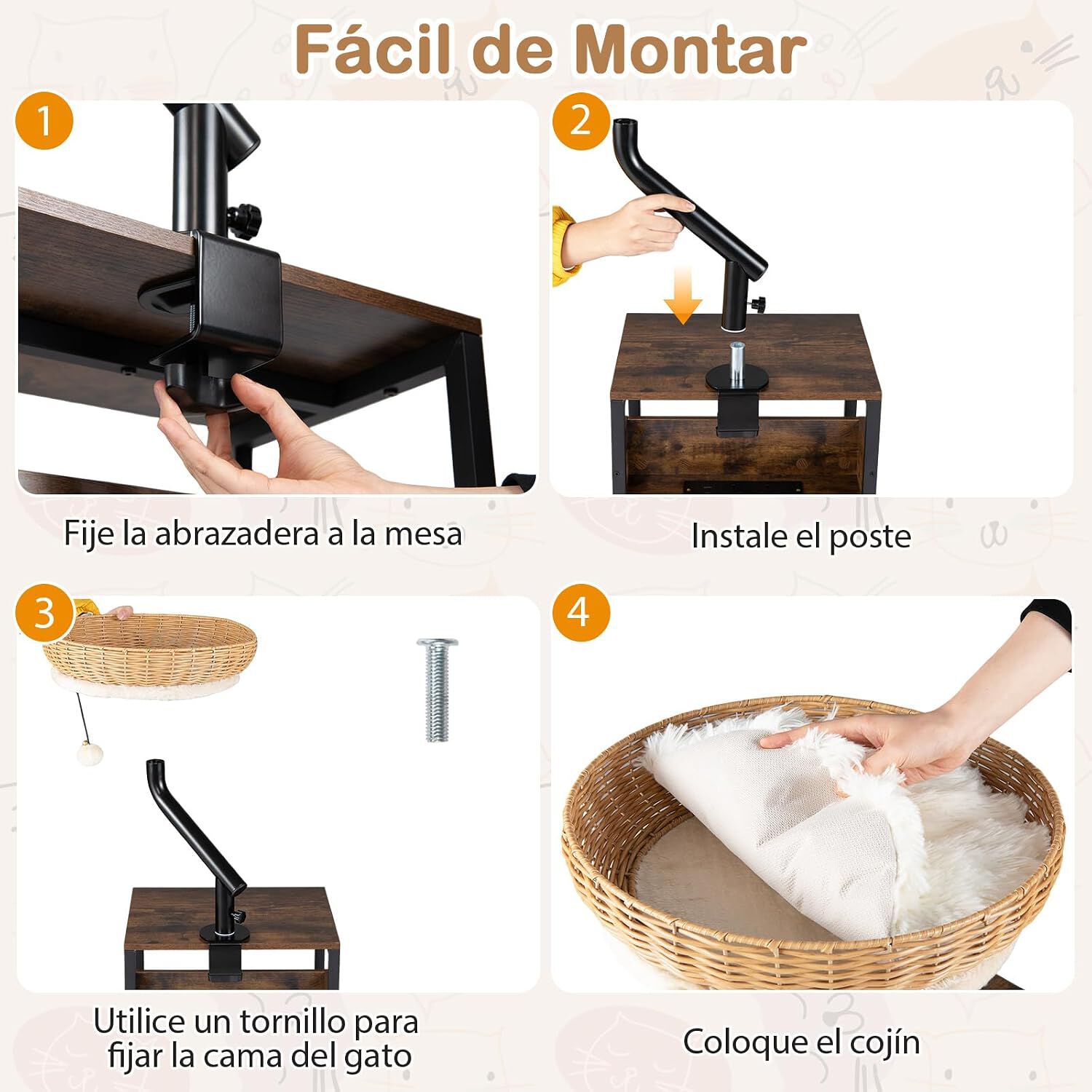COSTWAY Cama Gato para Escritorio, Hamaca para Gatos Giratoria de 360&deg; de Rat&aacute;n con Coj&iacute;n Extra&iacute;ble y Bola Colgante, Cama para Gatos, Nido Suave para Mascotas para Oficina, Hogar, sin Taladrar, , large Imagen numero 3