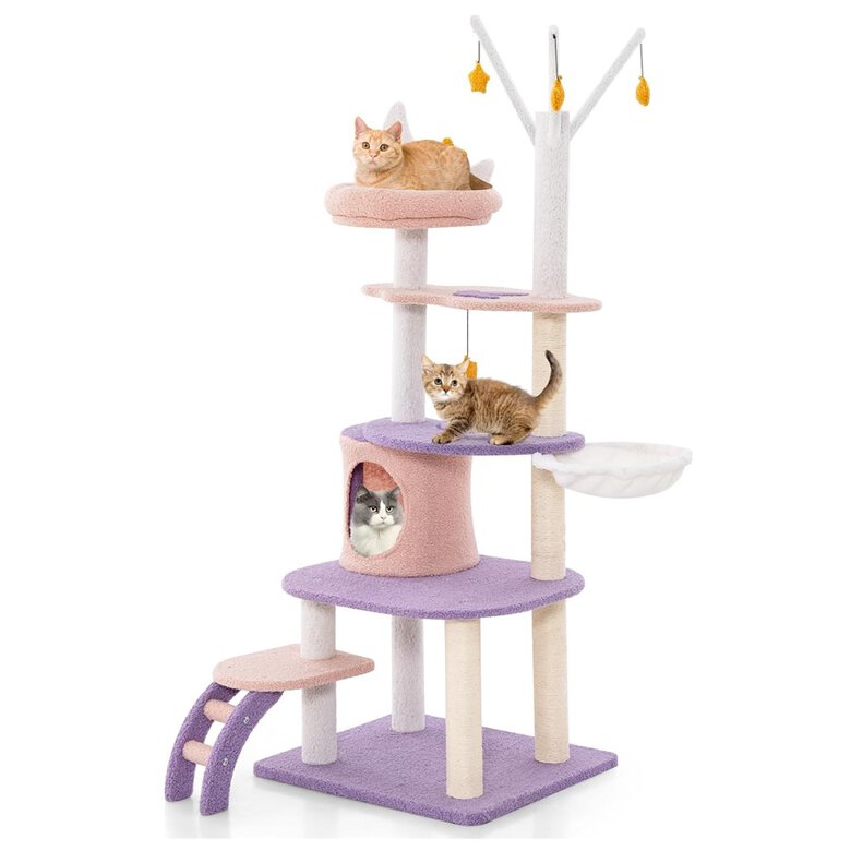Árbol Rascador Para Gatos De Madera Maciza De 122 Cm – Torre Con Plataformas, Nidos Y Poste De Yute, Diseño Moderno Y Estable