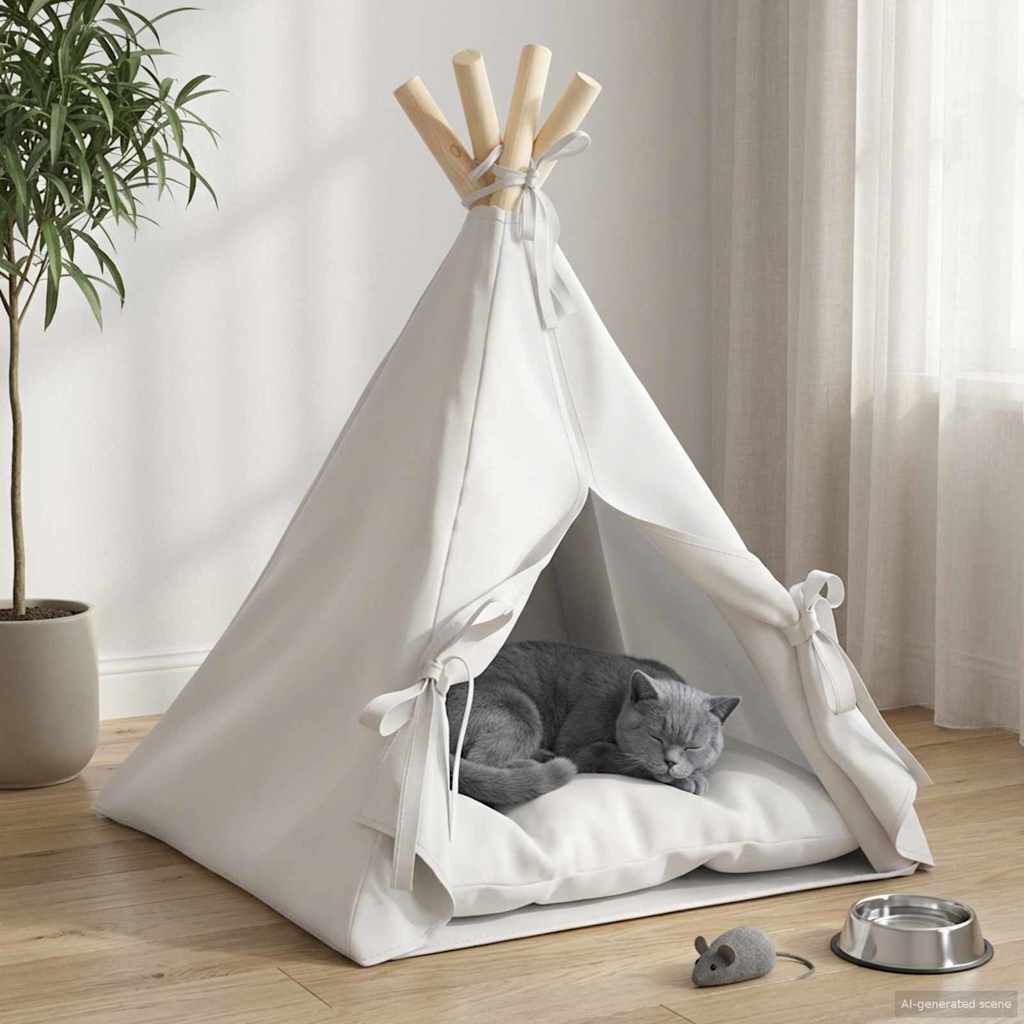 vidaXL Tienda de campa&ntilde;a para mascotas con coj&iacute;n Blanco Poli&eacute;ster Teepee gatos, , large Imagen numero 8