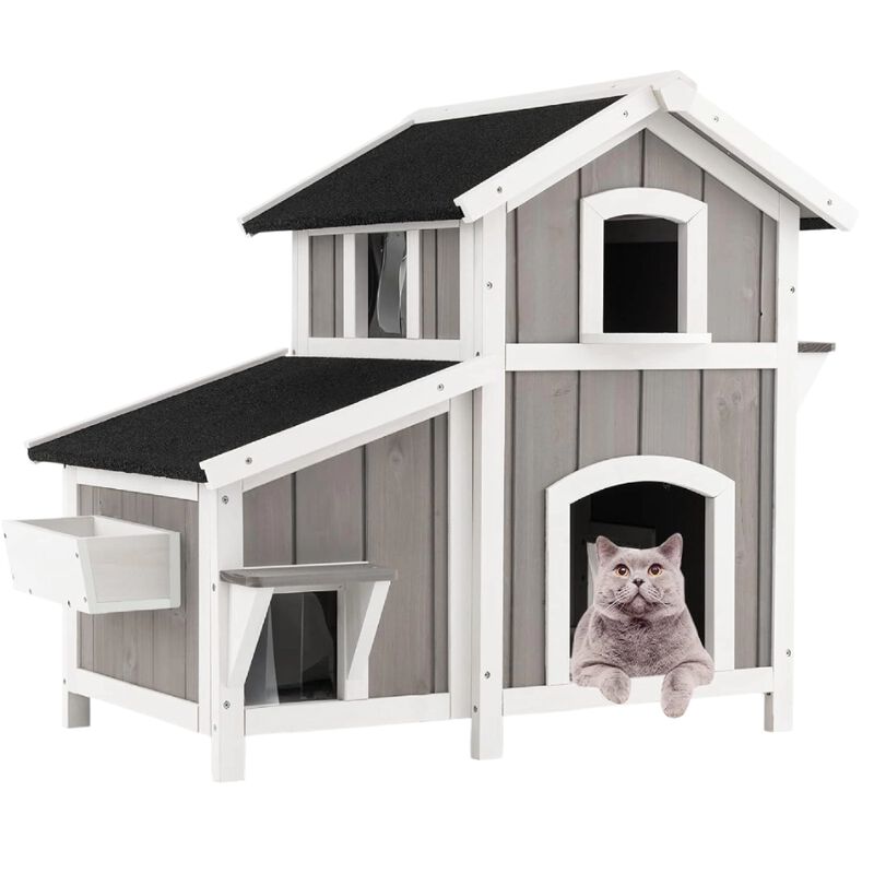 COSTWAY Casa para Gatos de Madera, Caseta para Gatos de 2 Pisos para Exteriores con Puertas de Escape, Techo Asf&aacute;ltico Impermeable, Refugio para Gatitos de Interior y Exterior para Balc&oacute;n y Patio, , large Imagen numero 1