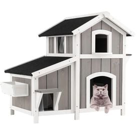 COSTWAY Casa para Gatos de Madera, Caseta para Gatos de 2 Pisos para Exteriores con Puertas de Escape, Techo Asf&aacute;ltico Impermeable, Refugio para Gatitos de Interior y Exterior para Balc&oacute;n y Patio