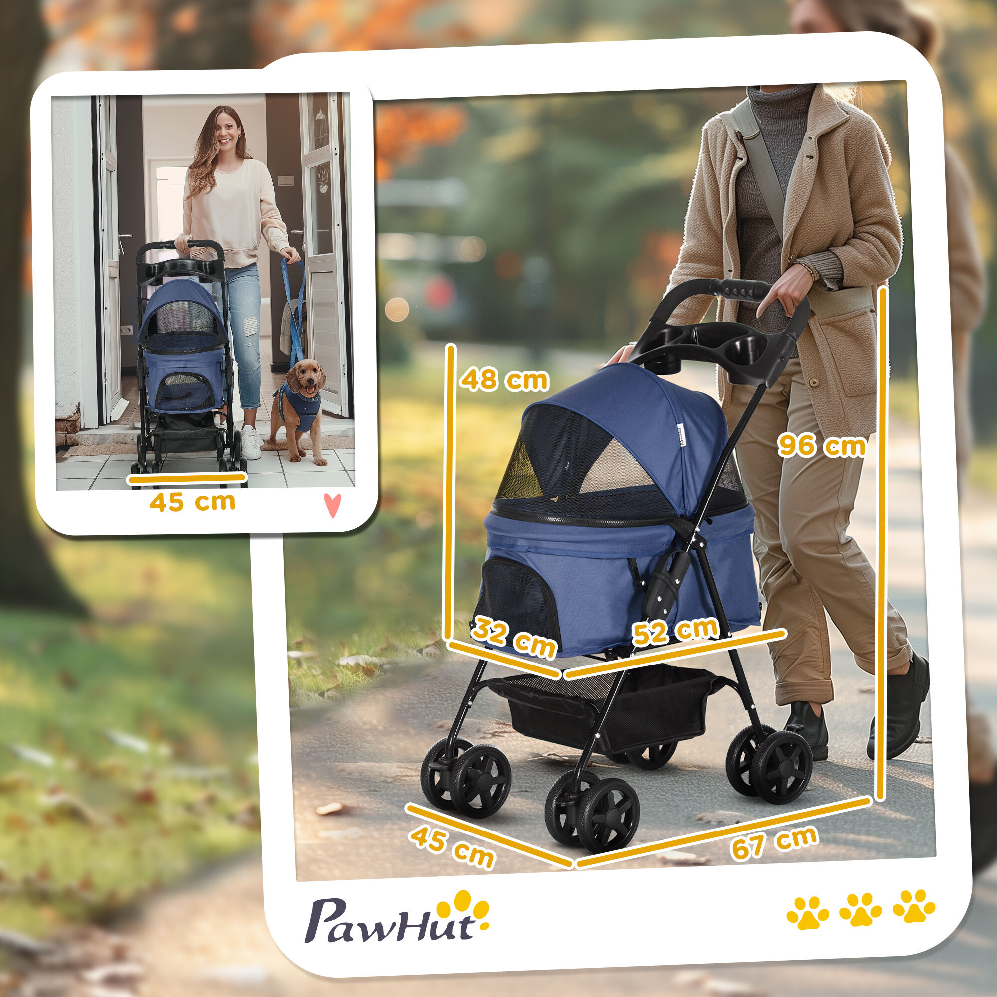 PawHut Cochecito para Perros Plegable Carrito para Perros Peque&ntilde;os con Ruedas Universales Cesta de Almacenaje Correas de Seguridad y Ventanas 67x45x96 cm Azul Oscuro, , large Imagen numero 3