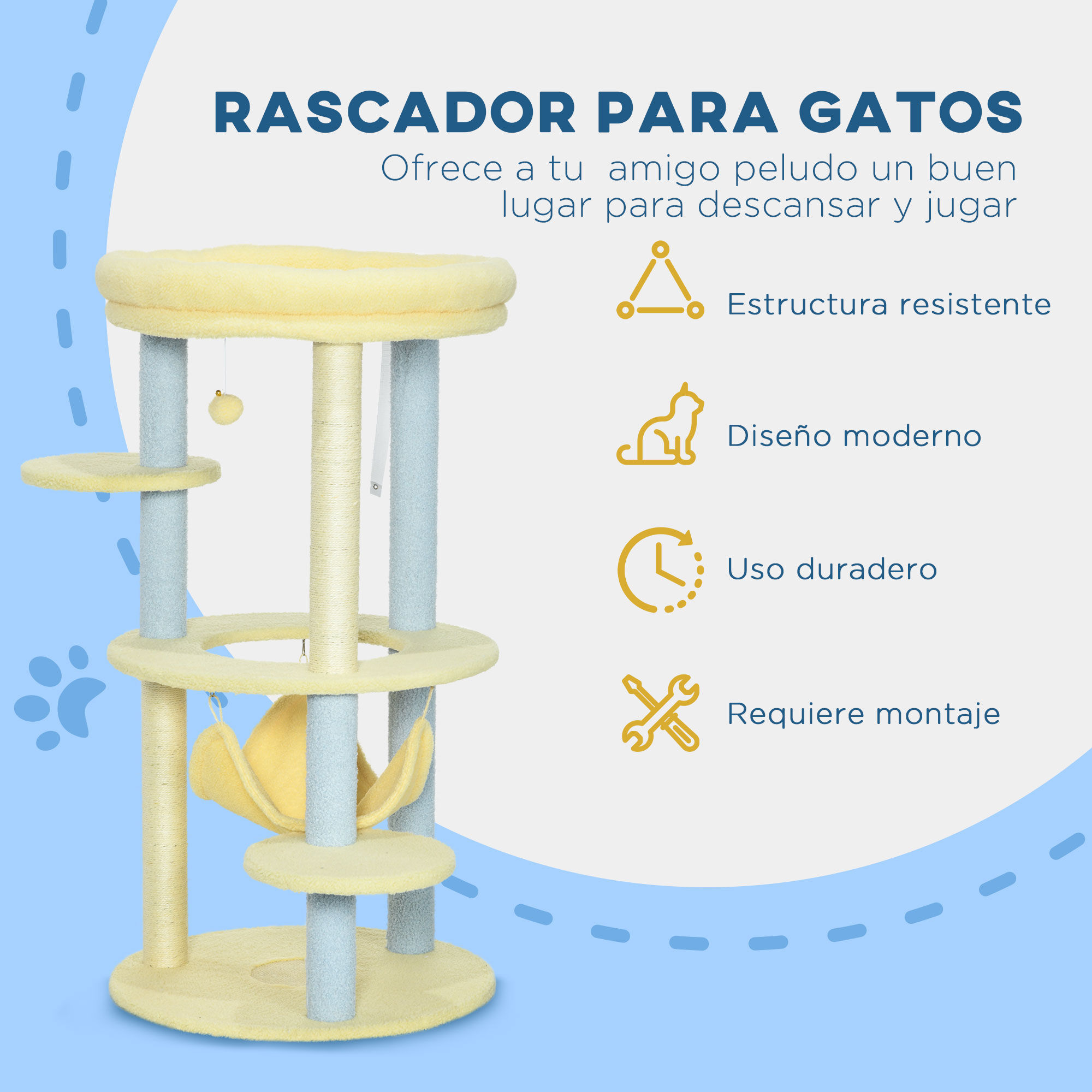 PawHut &Aacute;rbol Rascador para Gatos Mediano 110 cm Torre para Gatos Centro de Actividades para Gatitos con Hamaca Poste de Sisal y Bola Colgante &Oslash;58x110 cm Amarillo y Azul, , large Imagen numero 4