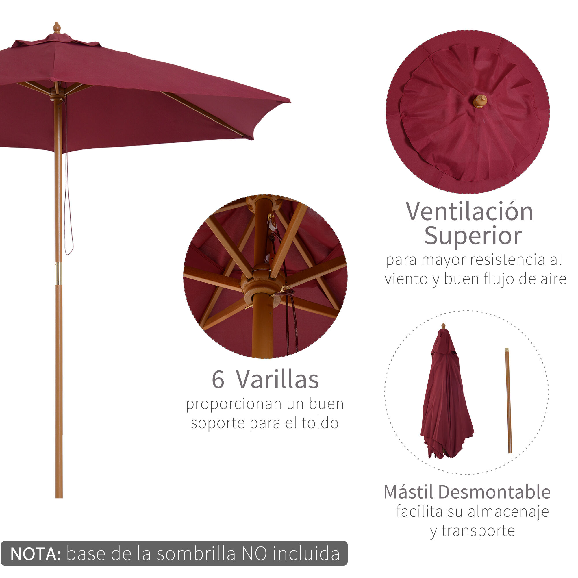 Outsunny Sombrilla Parasol de Madera &Oslash;250x230cm para Exterior con 6 Varillas Sistema de Cuerda con Fijaci&oacute;n Desmontable Port&aacute;til F&aacute;cil de Guardar y Transportar Rojo Vino, , large Imagen numero 5