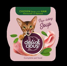 Sopa de Pollo con jam&oacute;n  y espinacas ,DELICKCIOUS . Alimento completo para gatos adultos. PACK  12 unds de 80 g