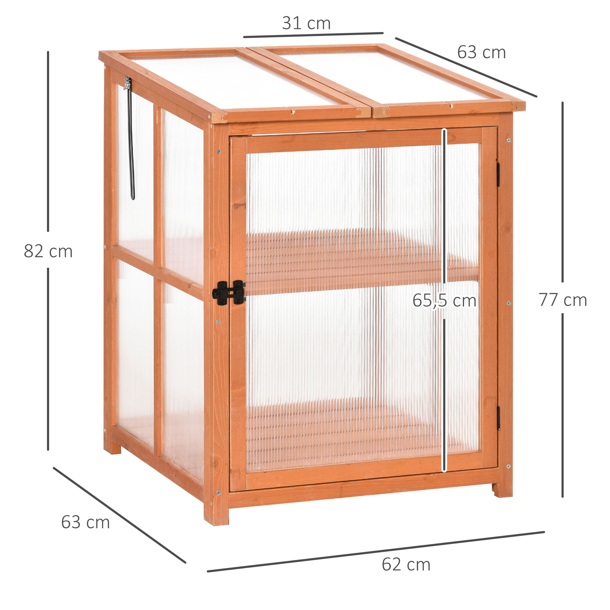 Outsunny Mini Invernadero de Jard&iacute;n Invernadero de Madera y Paneles de Policarbonato Vivero Casero con 2 Estantes Tapas y Puerta para Plantas Huerto Jardiner&iacute;a 62x63x82 cm Madera Natural, , large Imagen numero 3