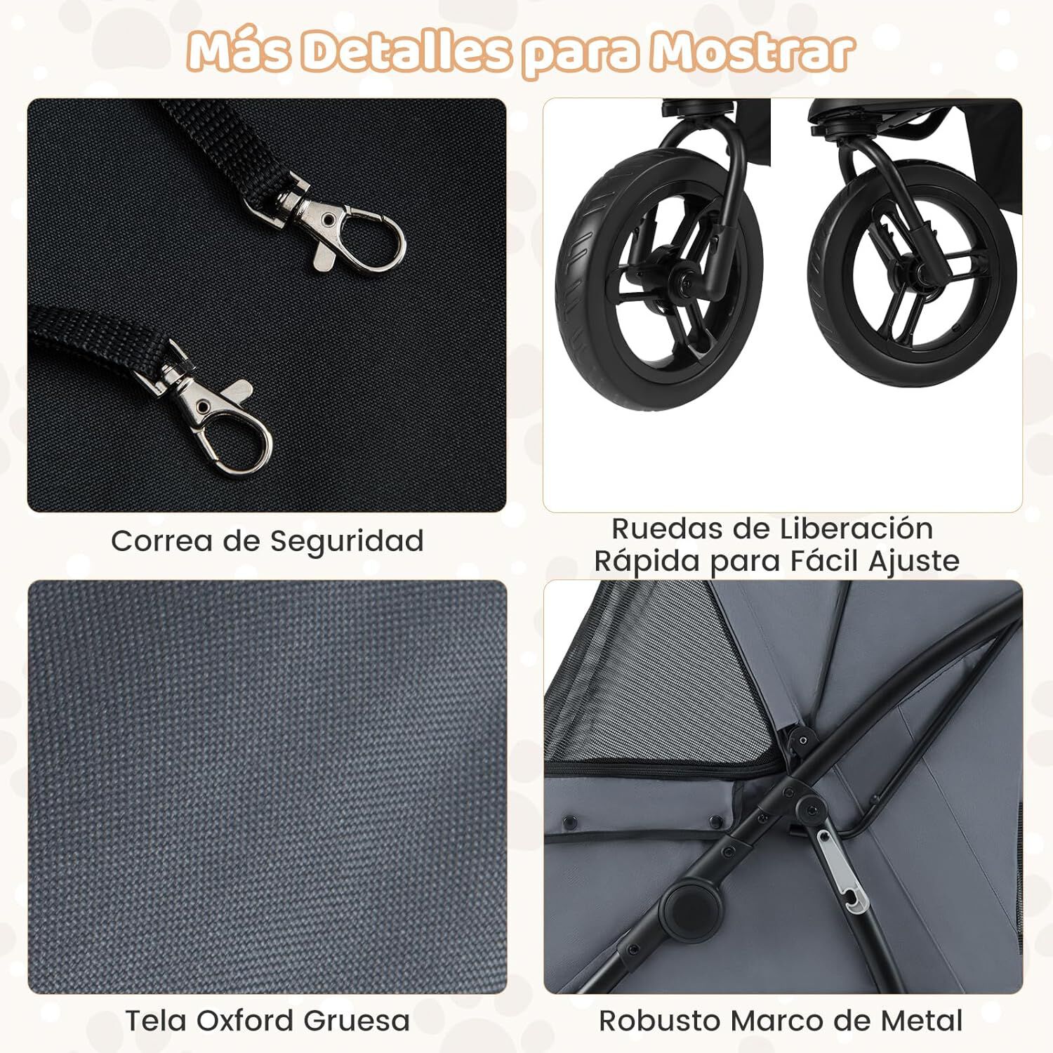 COSTWAY Cochecito Plegable para Perros, Carrito para Perros Peque&ntilde;os con Ruedas Todoterreno, Freno, Capota Ajustable, Cesta, Coj&iacute;n, Correa de Seguridad, Bolsa de Transporte Mascota, Hasta 25kg (Gris), , large Imagen numero 4