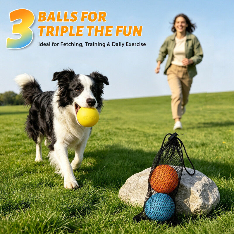 Nobleza Pelota para Perros de Caucho Natural (Pack de 3 con Bolsa de Malla) - Pelotas Resistentes de 6.3 cm para Morder, Tirar y Lanzar, Juguete Interactivo para Perros Peque&ntilde;os, Medianos y Grandes, Incluye Red de Transporte, , large Imagen numero 2