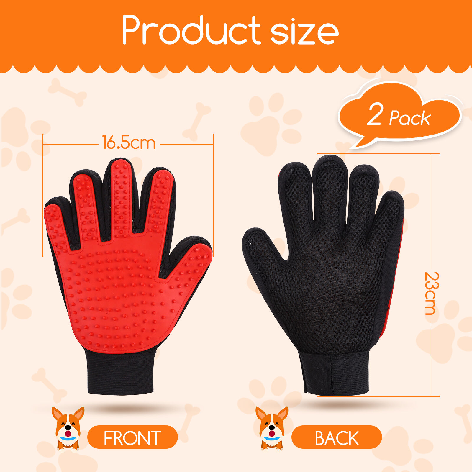 Nobleza - Guante Pelo Gato, Cepillo para Perros y Gatos Lavable y Reutilizable, Pack de 2 Guantes de Aseo para Perros y Gatos con Pulseras de Velcro Ajustables, Guantes Quita Pelos Gato, Rojo, , large Imagen numero 2