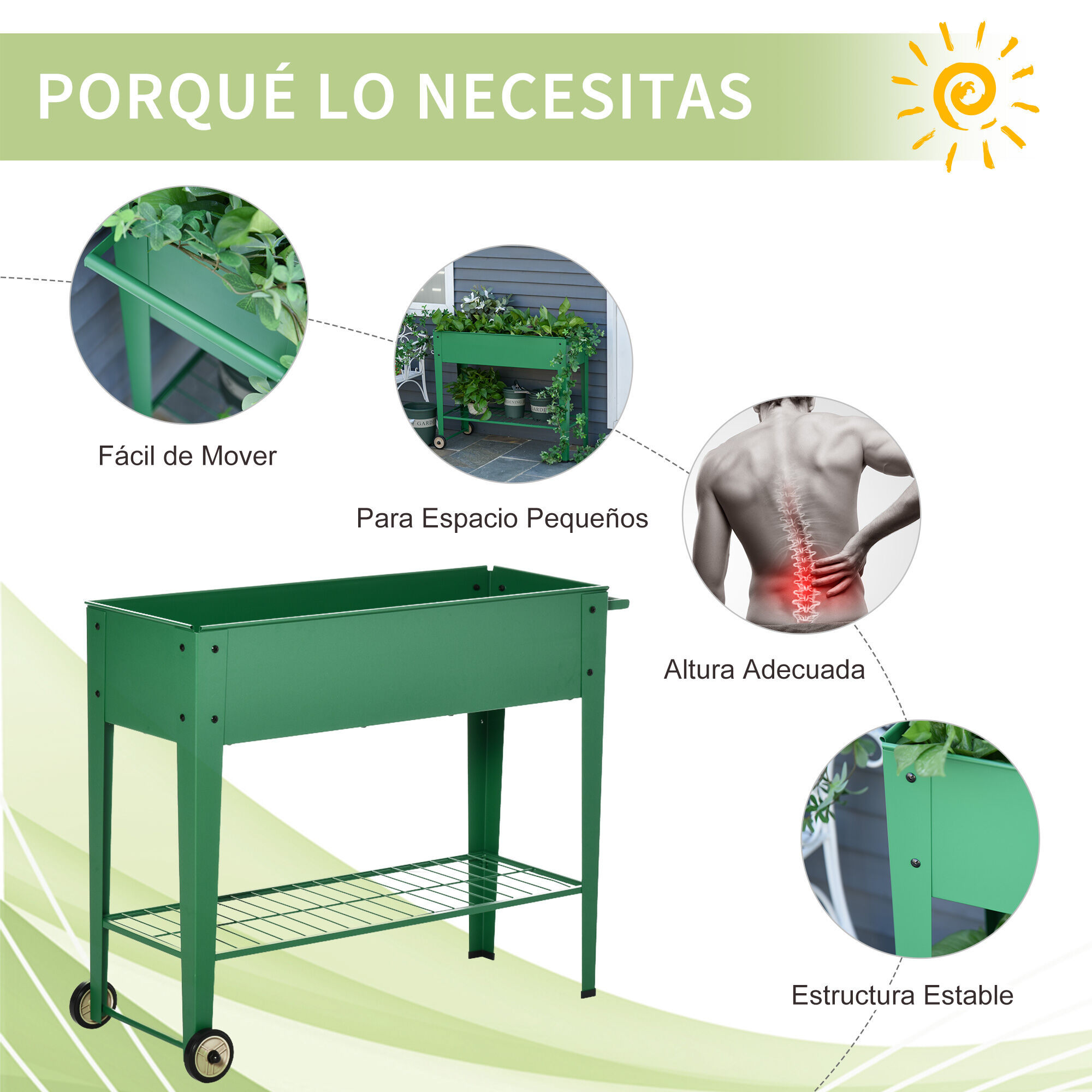 Outsunny Huerto Urbano Jardinera Elevada de Metal Cama de Jard&iacute;n con Ruedas Asa Lateral y Estante Inferior para Cultivo Plantas Hortalizas Flores 104x39x80 cm Verde, , large Imagen numero 5