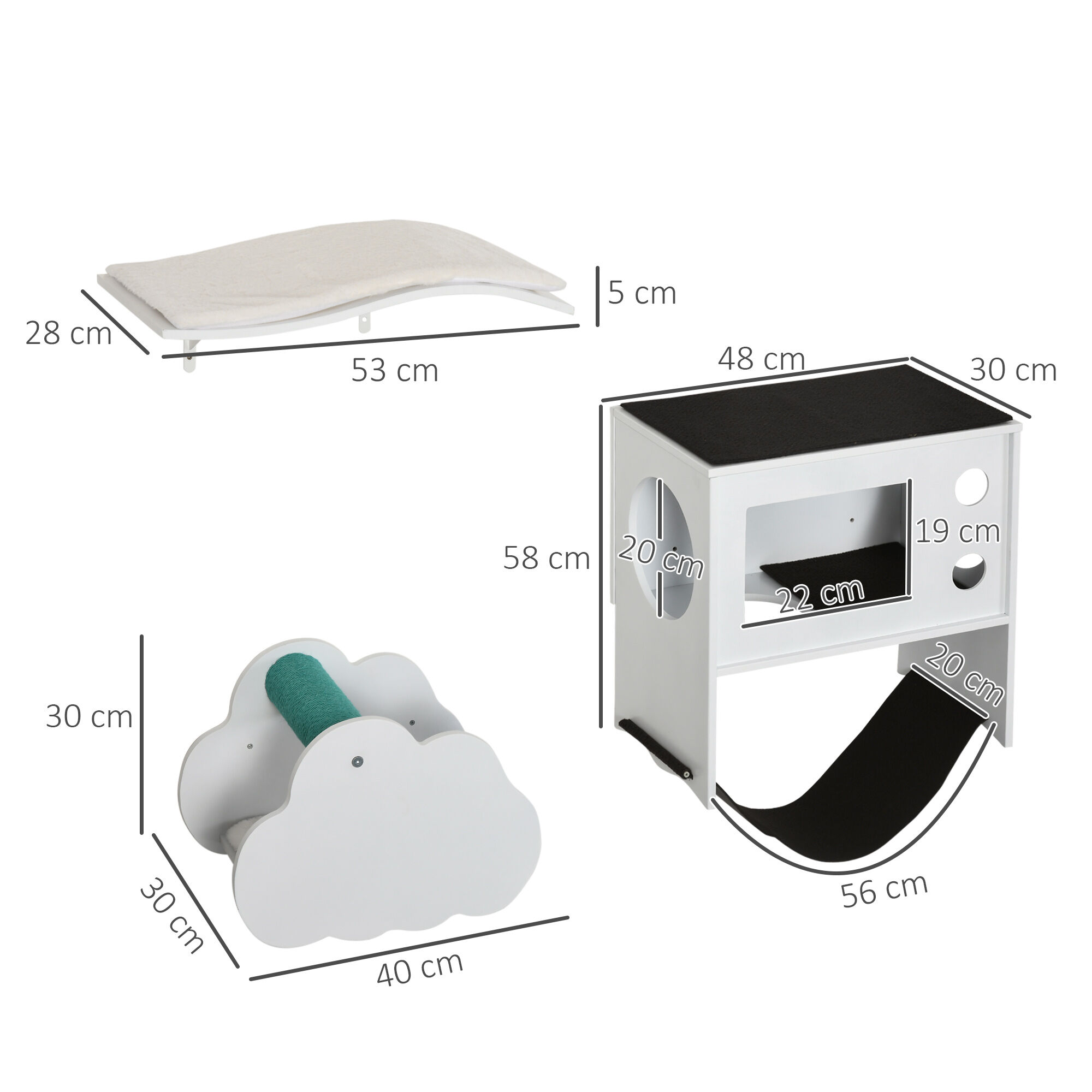 PawHut Estantes para Gatos de Pared de 3 Piezas Muebles de Pared para Gatos Centro de Actividades para Gatitos con Caseta Plataformas Hamaca Poste de Sisal y Cojines Suaves Blanco, , large Imagen numero 3