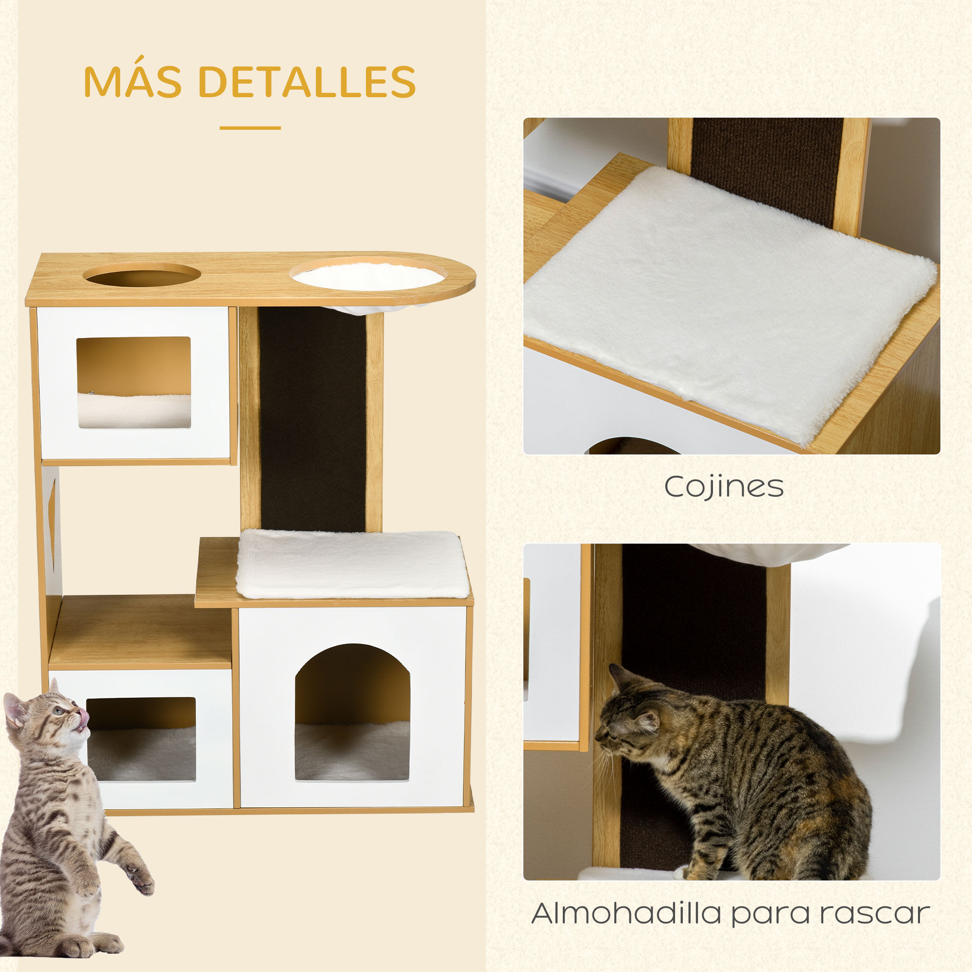 PawHut &Aacute;rbol Rascador para Gatos Altura 92,5 cm Torre para Gatos con 3 Casetas de Madera Cojines Lavables Tabla de Rascador y Hamaca 76x37x92,5 cm Roble., , large Imagen numero 5