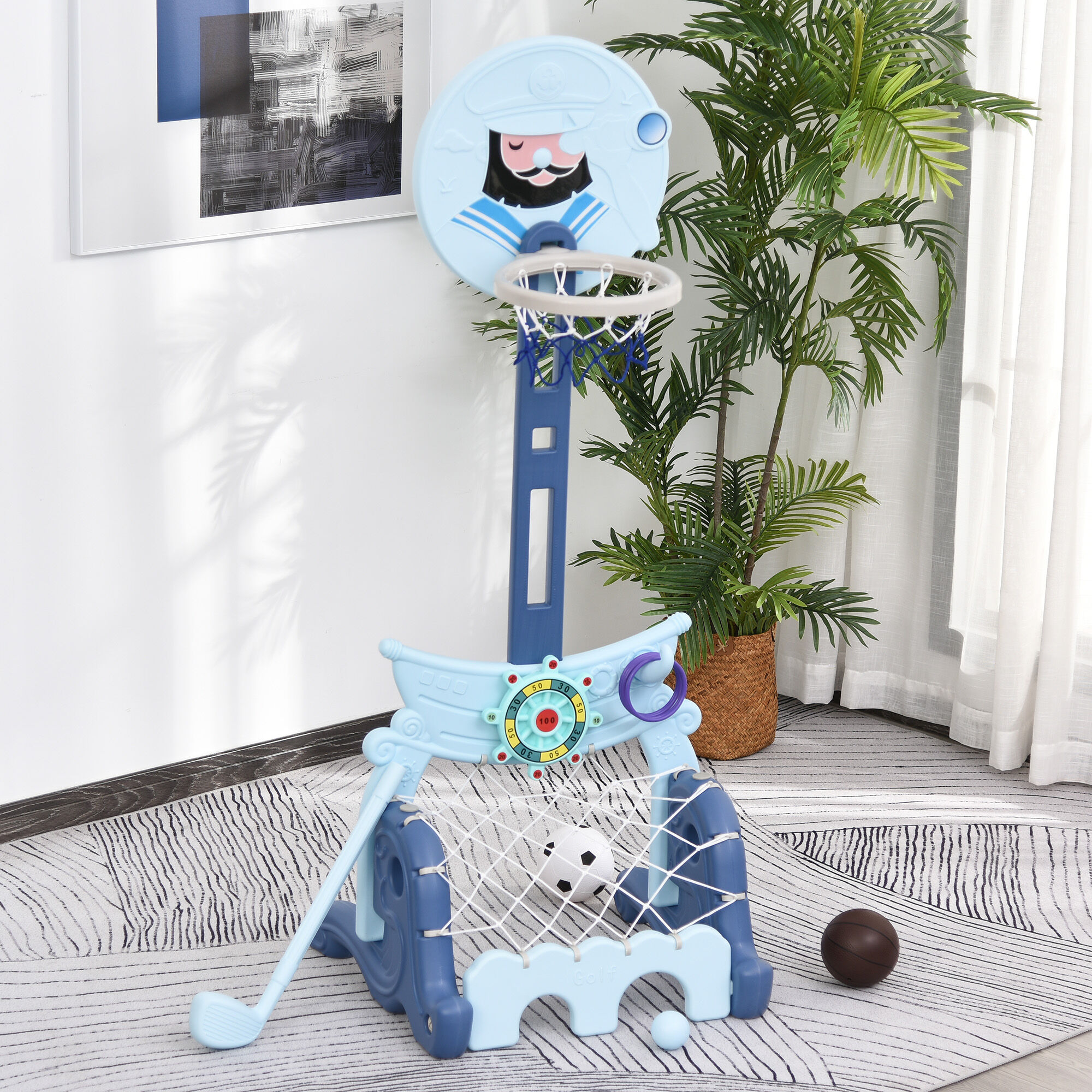 HOMCOM Set de deportes Azul con Soporte 4 en 1 para ni&ntilde;os, , large Imagen numero 2