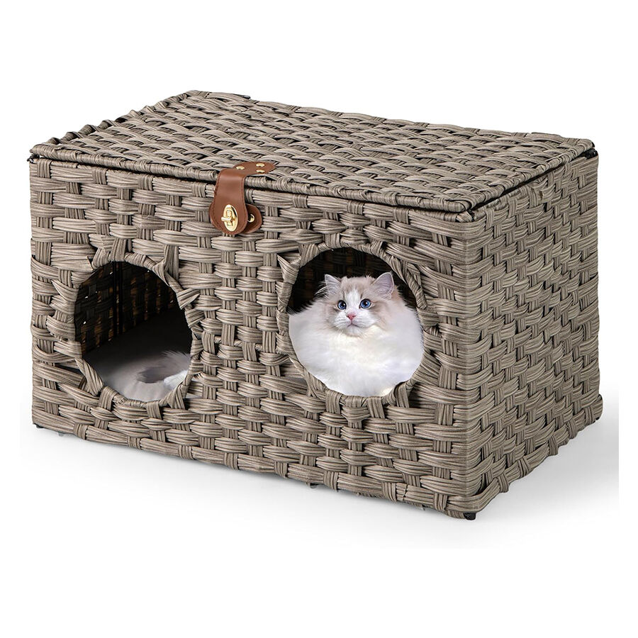 COSTWAY Casa para Gatos con Ratán Transpirable, Cojín Desmontable, Patas de Madera de Caucho Antideslizantes, Cesta de Cama para Caja de Arena y Reposapiés, Mueble para Gatos de Interior