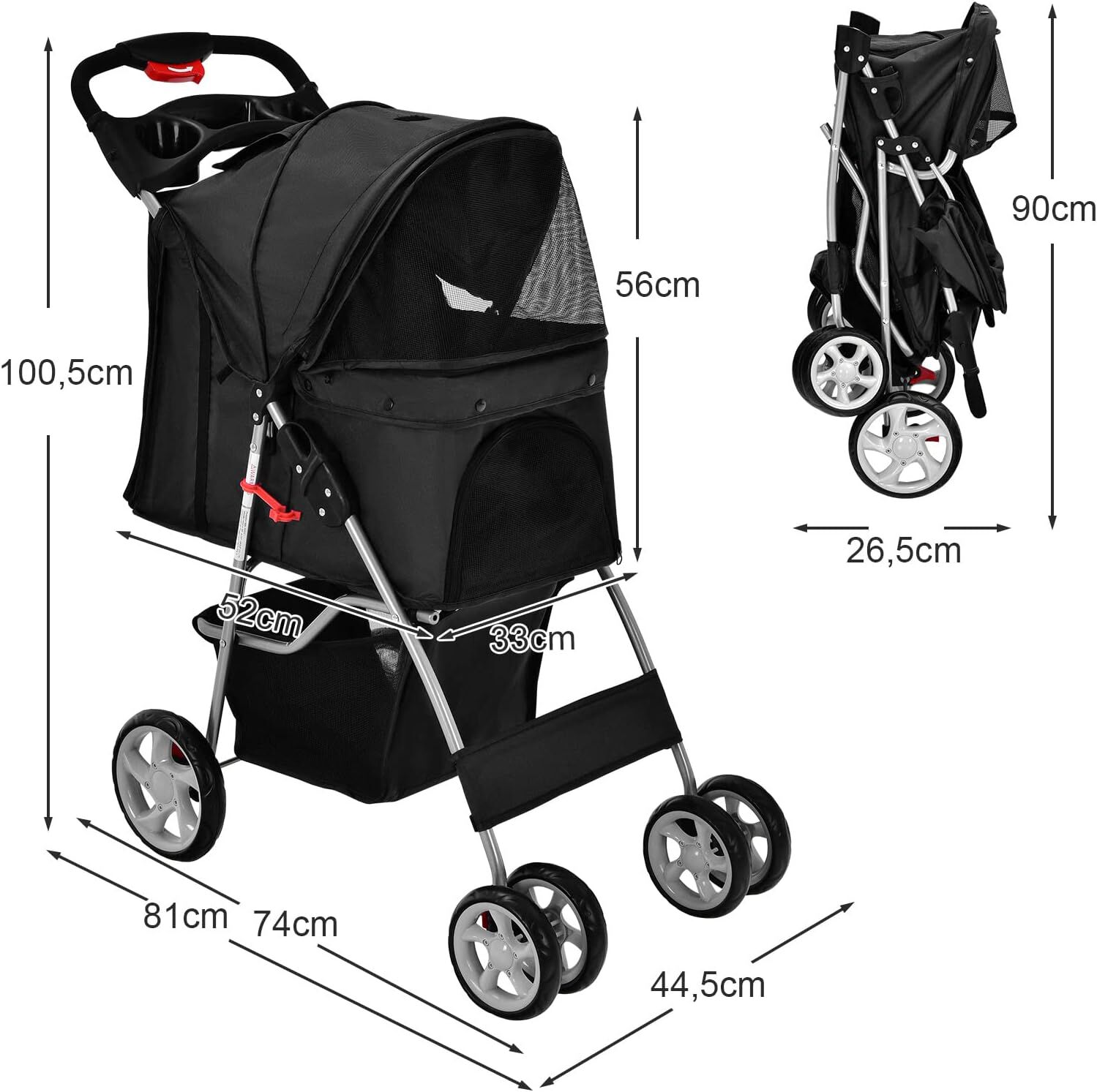 COSTWAY Cochecito para Mascotas Plegable, Cochecito de Mascotas de 4 Ruedas para Gatos/Perros, Carrito para Gatos con Cesta de Almacenamiento para Mascotas, Ventana de Malla, impermeable (Negro), , large Imagen numero 4