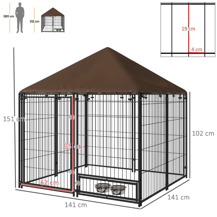 PawHut Perrera con Toldo Parque para Perros Met&aacute;lica de Exterior con Soporte Giratorio para Comida 2 Cuencos para Patio Jard&iacute;n Terraza 141x141x151 cm Negro, , large Imagen numero 4