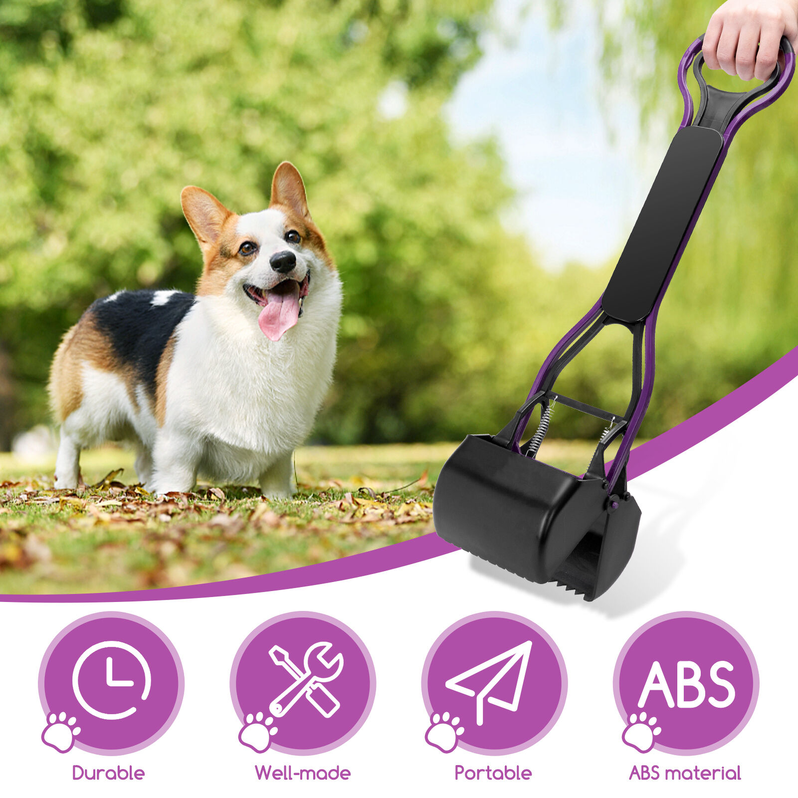 Nobleza Recogedor de Caca para Perros Dog Poop Scooper 38.5cm Recogedor de Excrementos para Mascota Perro Gato de Largo con Mango Rastrillo para Recoger Residuos de Caca con Resorte Duradero M