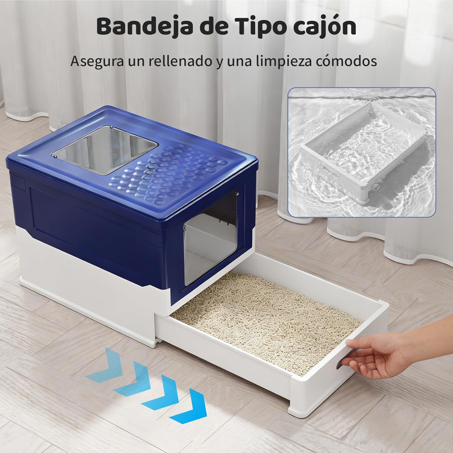 COSTWAY Arenero para Gatos Cubierto, Caja de Arena para Gatos Grande con Entrada Frontal y Salida Abatible, Bandeja Port&aacute;til, Caj&oacute;n, Arenero Cerrado Plegable para Gato, 50x38x37 cm (Azul + Blanco), , large Imagen numero 3