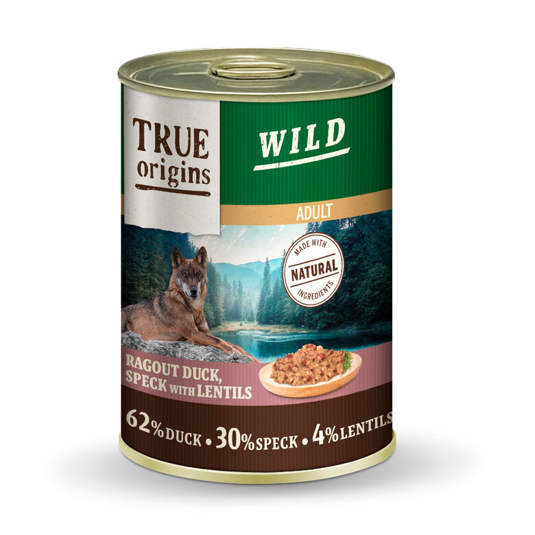 400 g True Origins Wild Adult Dados de Pato con Speck y Lentejas lata para perros