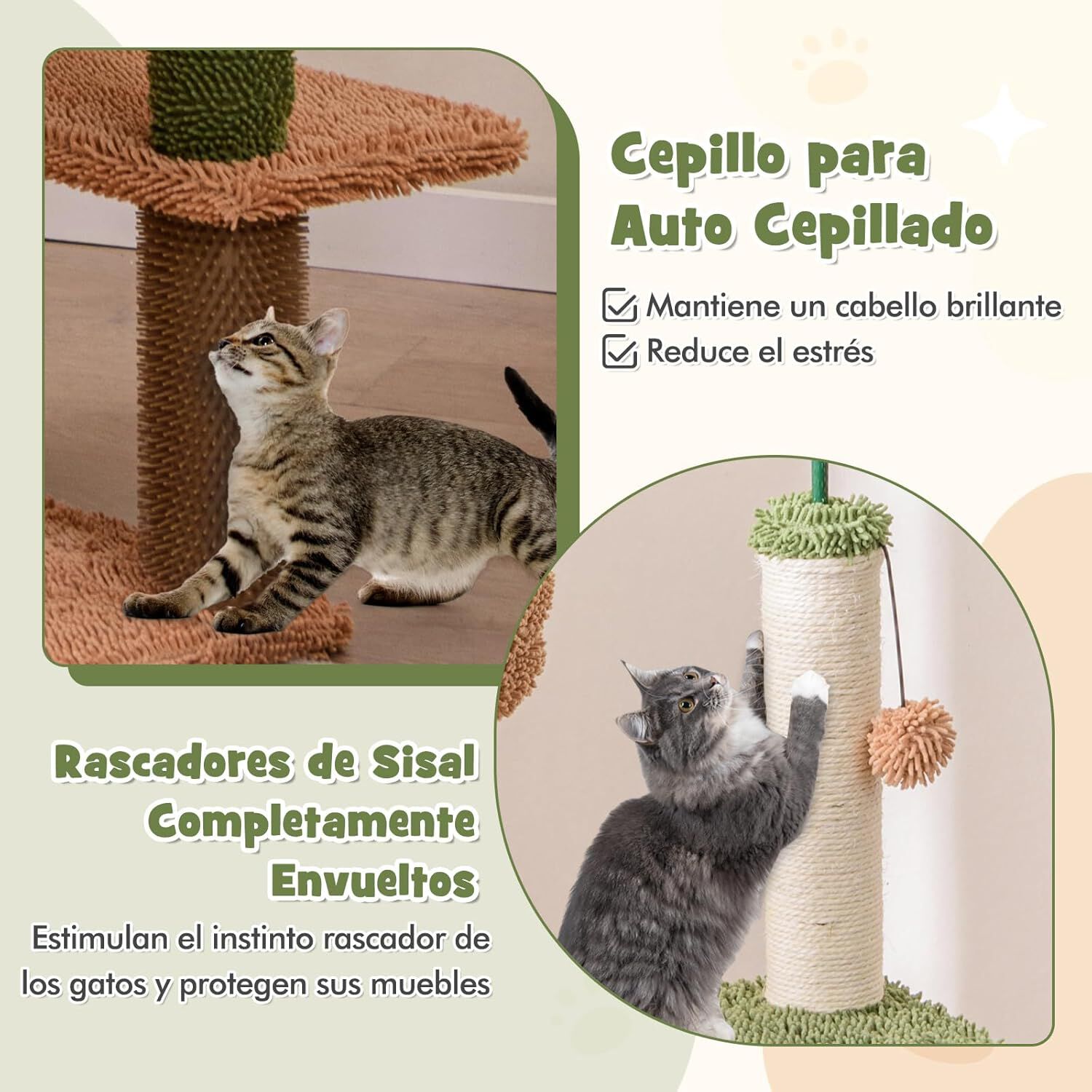COSTWAY &Aacute;rbol para Gatos de Altura 152 cm, &Aacute;rbol Rascador para Gatos con Hamaca, Plataform de Felpa, Postes de Rascado de Sisal, Torre para Gatos, Centro de Actividades para Gatos, Verde y Marr&oacute;n, , large Imagen numero 4