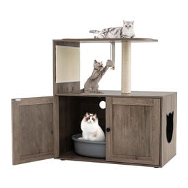 COSTWAY 2 en 1 Rascador para Gatos, Caja de Arena Oculta para Gatos, Árbol para Gatos de Madera con Poste Rascador de Sisal, Bola Colgante y Alfombrilla, Plataforma Superior, Baño Oculto para Gatos