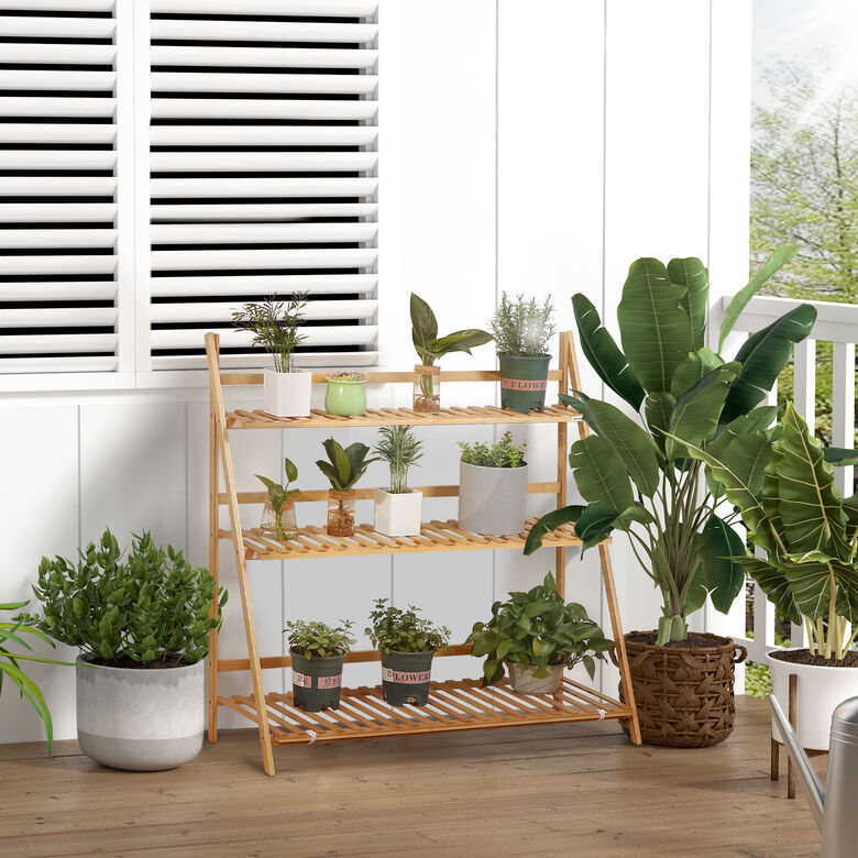 Outsunny Estantería para Plantas de 3 Niveles de Bambú Soporte para Flores y Macetas thumbnail