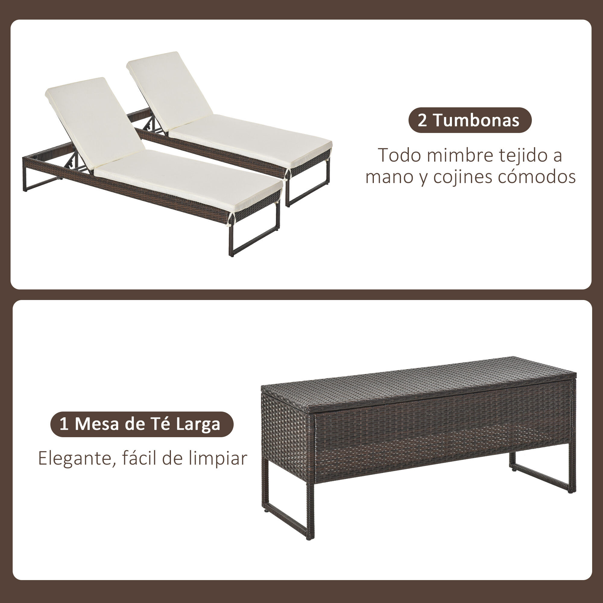 Outsunny Conjunto de 2 Tumbonas de Jard&iacute;n con Cojines Acolchados Rat&aacute;n con Mesa Auxiliar para Piscina o Terraza Carga 160 kg 195x60x86 cm Acero Marr&oacute;n, , large Imagen numero 4
