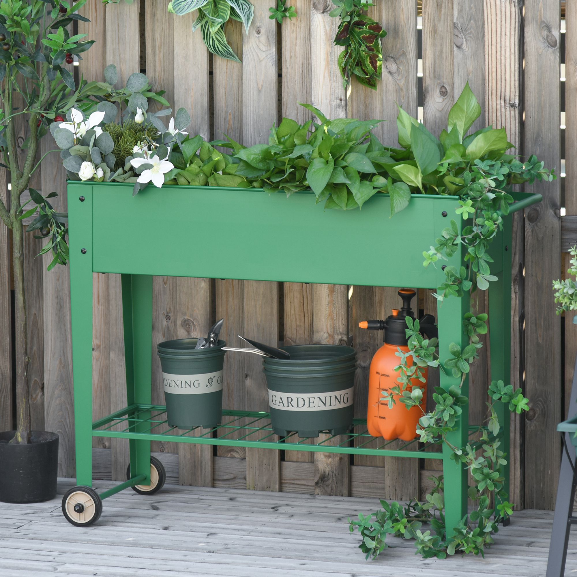 Outsunny Huerto Urbano Jardinera Elevada de Metal Cama de Jard&iacute;n con Ruedas Asa Lateral y Estante Inferior para Cultivo Plantas Hortalizas Flores 104x39x80 cm Verde, , large Imagen numero 2