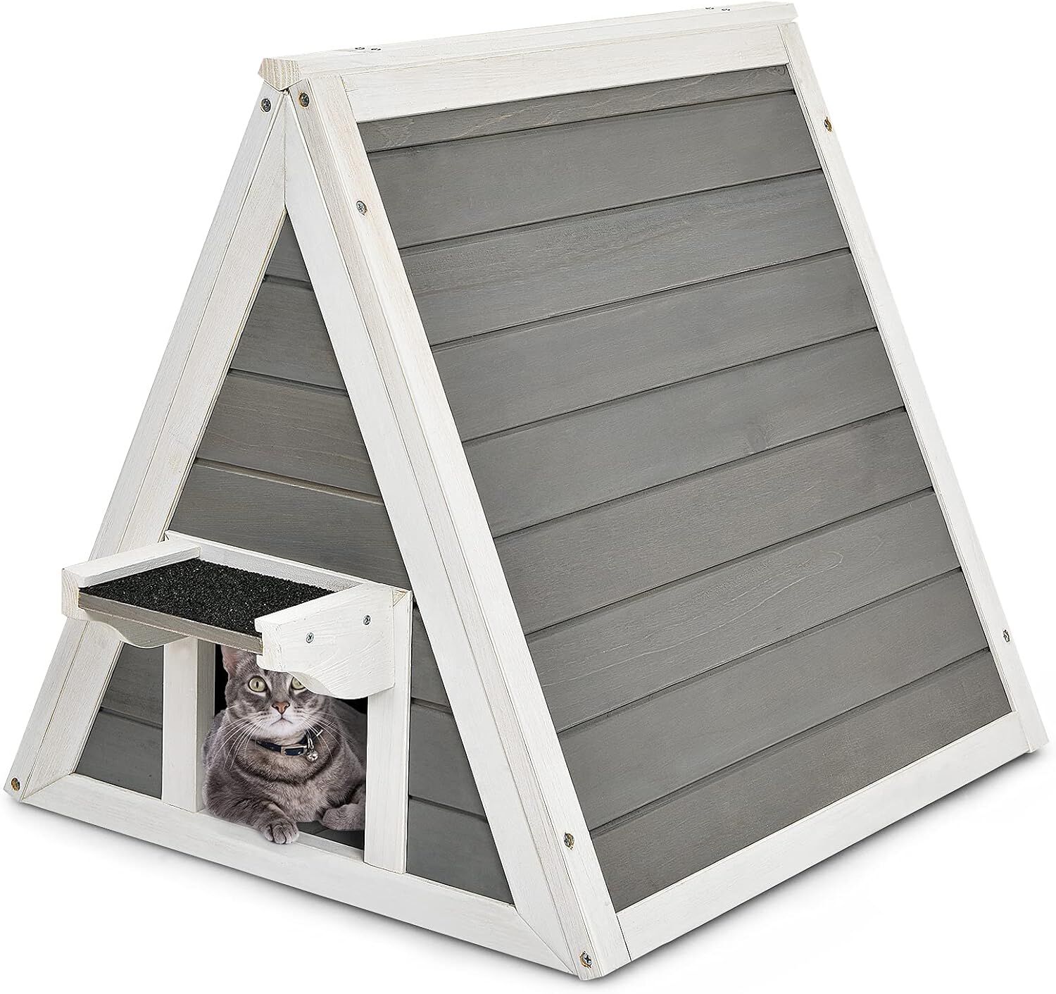 COSTWAY Casa Triangular de Madera con Techo Resistente a la Intemperie para gatos thumbnail