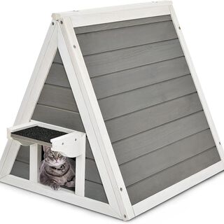 COSTWAY Casa Triangular de Madera con Techo Resistente a la Intemperie para gatos