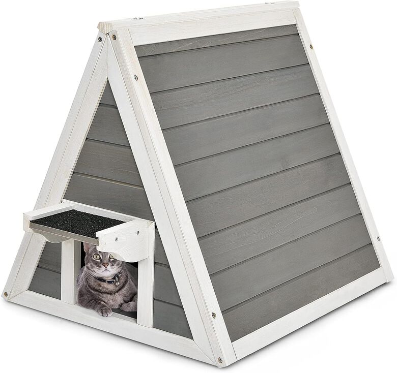 COSTWAY Casa Triangular de Madera con Techo Resistente a la Intemperie para gatos thumbnail