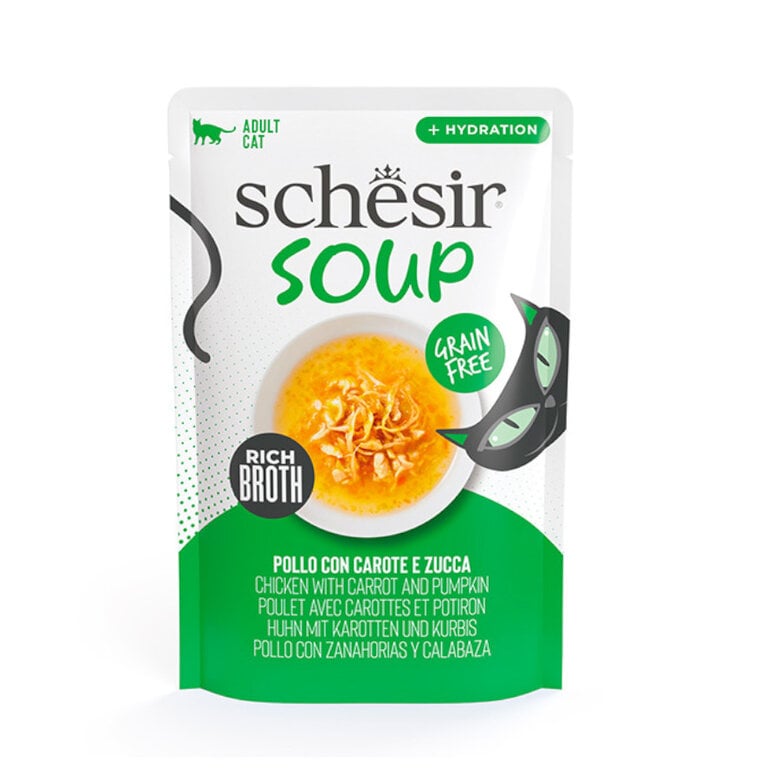12 sobres x 40 g Schesir Pollo con Calabaza Grain Free en Sopa sobre para gatos ¡Pack Ahorro!