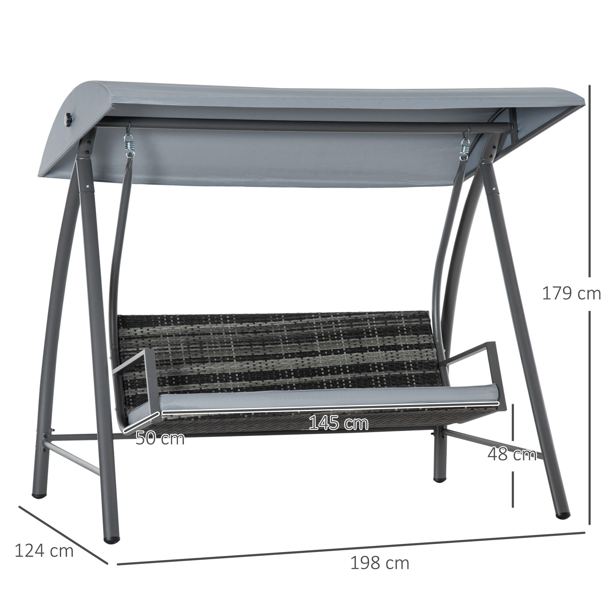 Outsunny Columpio Balanc&iacute;n Jard&iacute;n de Rat&aacute;n de 3 Plazas con Techo Ajustable y Coj&iacute;n Desenfundable con Cremallera para Terraza Balc&oacute;n Exterior Carga 360 kg 198x124x179 cm Gris, , large Imagen numero 3