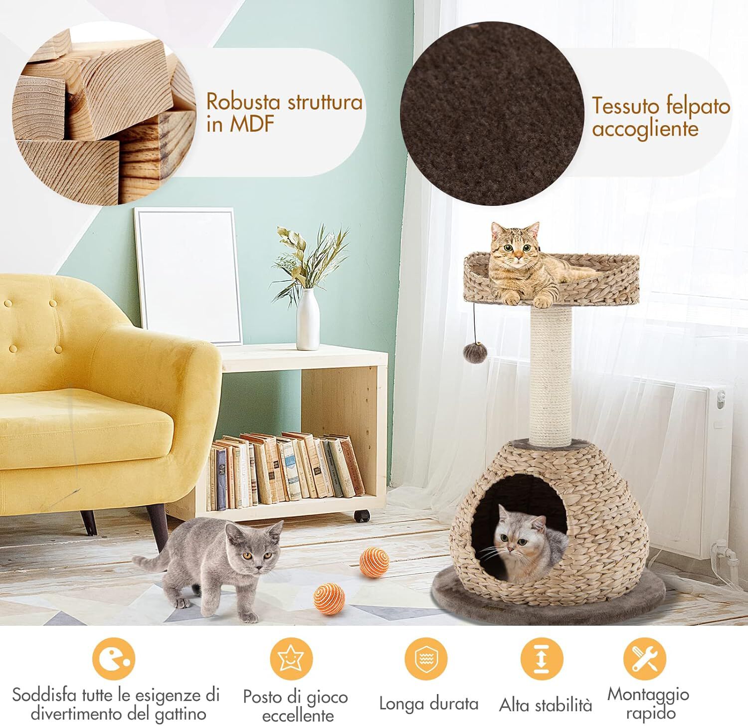 COSTWAY &Aacute;rbol para Gatos con Palo Rascador en Sisal Natural, Posadero y Nicho Relajante, Pelota Juguete Colgando, Centro Actividad Torre para Gatos Vers&aacute;til, , large Imagen numero 2